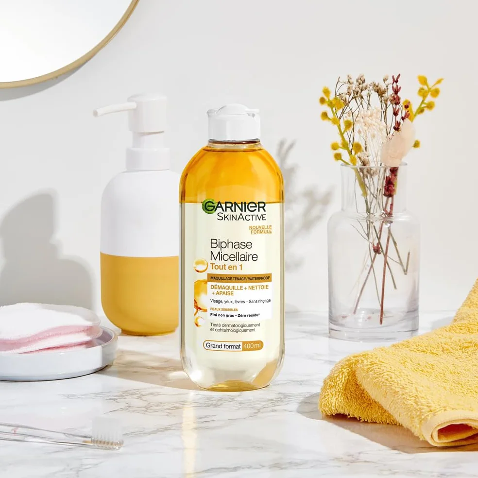 GARNIER Skin Active Biphase Micellaire 400 ml Nettoyant Démaquillant Visage Yeux Lèvres