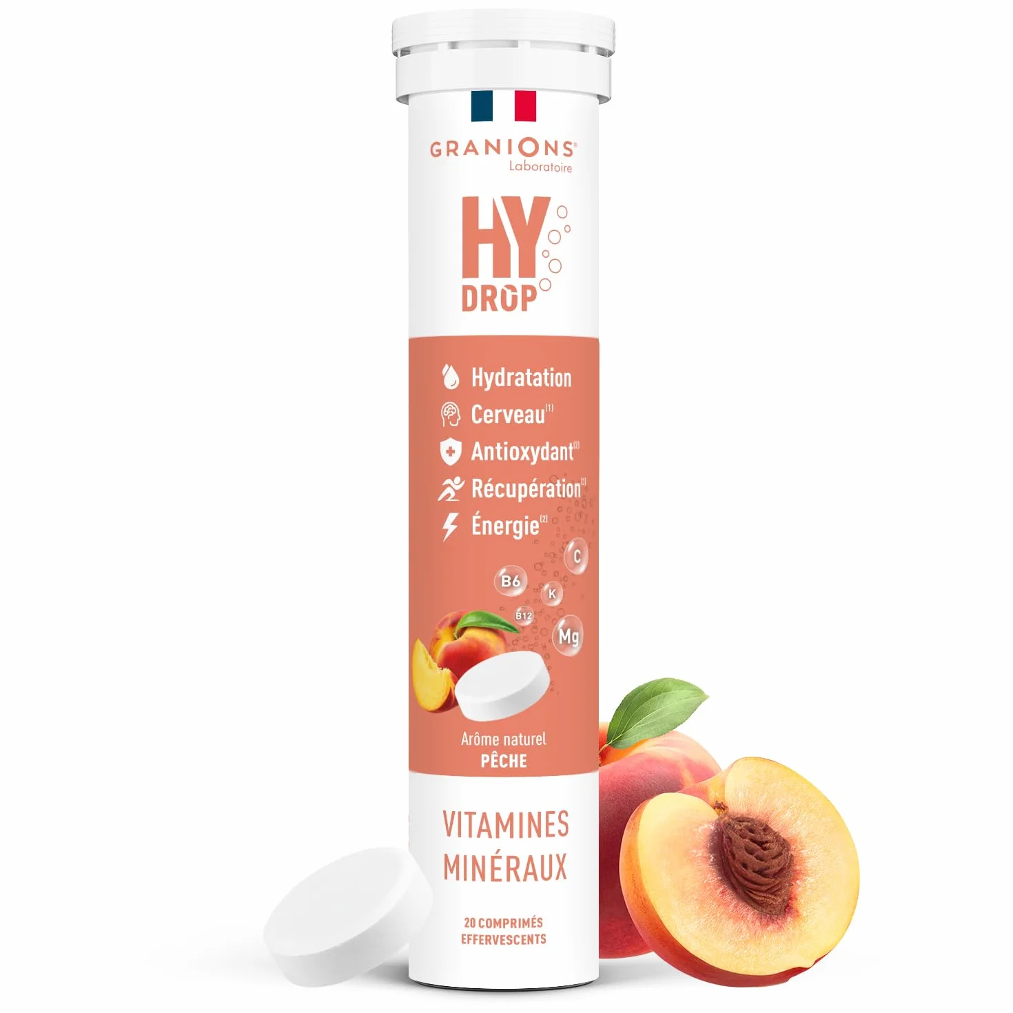 GRANIONS HYDROP Pastilles Hydratation Pêche Sans Sucres Électrolytes Magnésium 20 Pastilles Effervescentes