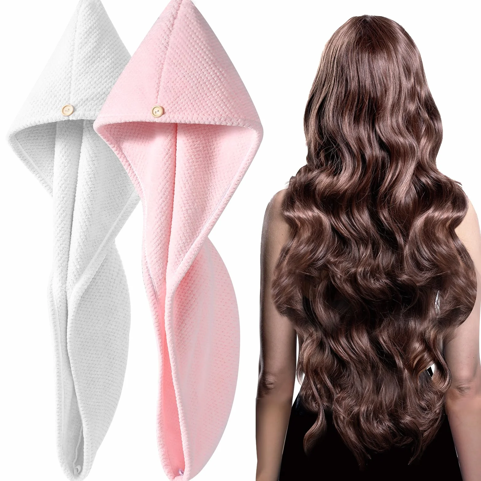 YFONG Lot de 2 serviettes à cheveux en microfibre pour femme, super absorbantes, à séchage rapide, pour tous les styles de cheveux, anti-frisottis, grande serviette de séchage avec bouton