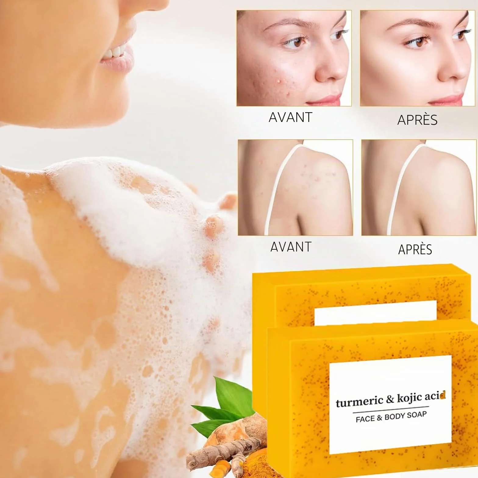 Ensemble Trois Pièces pour Lavage et Soins au Curcuma, Nettoyant Facial Avec Brosse, Tampons Gommants pour le Visage, Pain de Savon, Filet Moussant pour Savon, Ensemble de Nettoyage en Profondeur