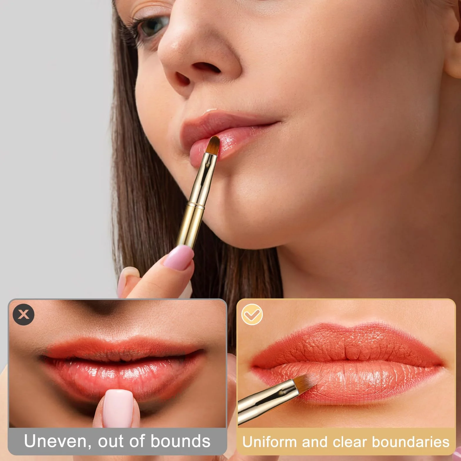Lot de 2 pinceaux à lèvres rétractables double extrémité en métal pour rouge à lèvres et gloss, portable avec couverture (or noir)