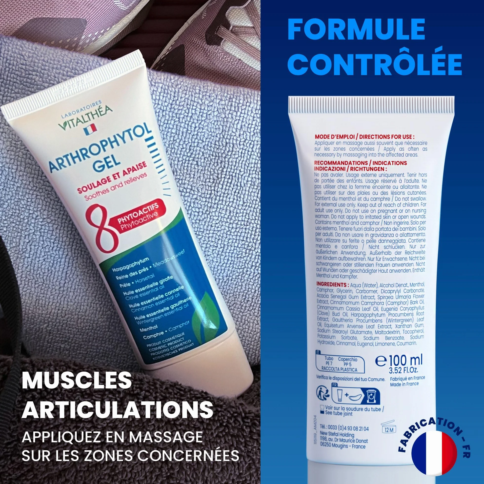 Laboratoires Vitalthéa ARTHROPHYTOL Gel de Massage Articulations & Muscles 8 Actifs Naturels Harpagophytum Huiles Essentielles Menthol Camphre