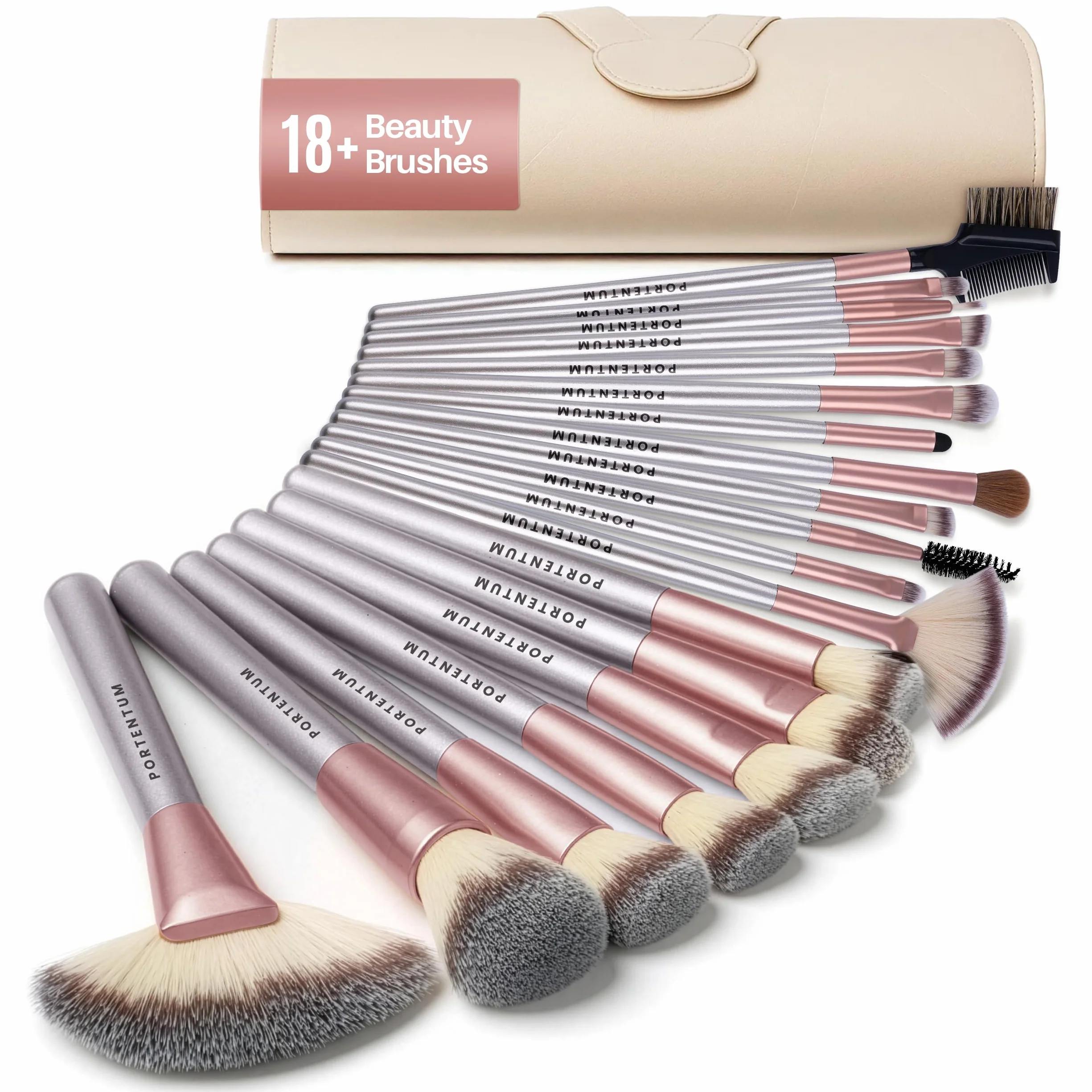 PORTENTUM Pinceaux maquillage Lot de 18 avec étui de voyage Kabuki fibre synthétique fond de teint