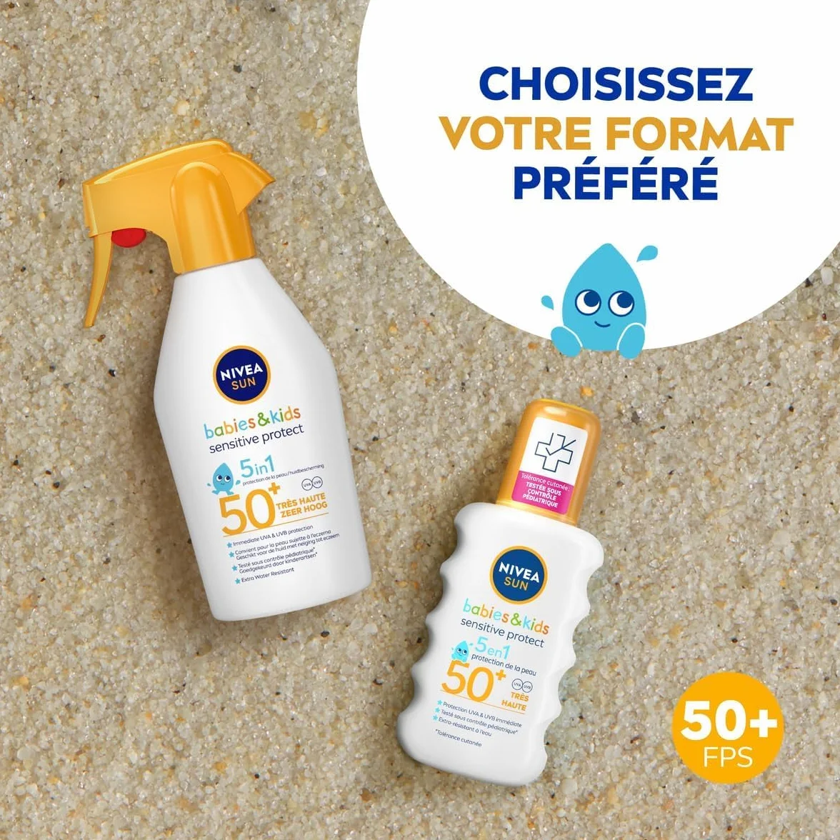 NIVEA SUN Spray Solaire Bébés & Enfants Sensitive Protect FPS 50+ 250 ml Protection Très Haute Ultra Résistant à l'Eau Crème Solaire