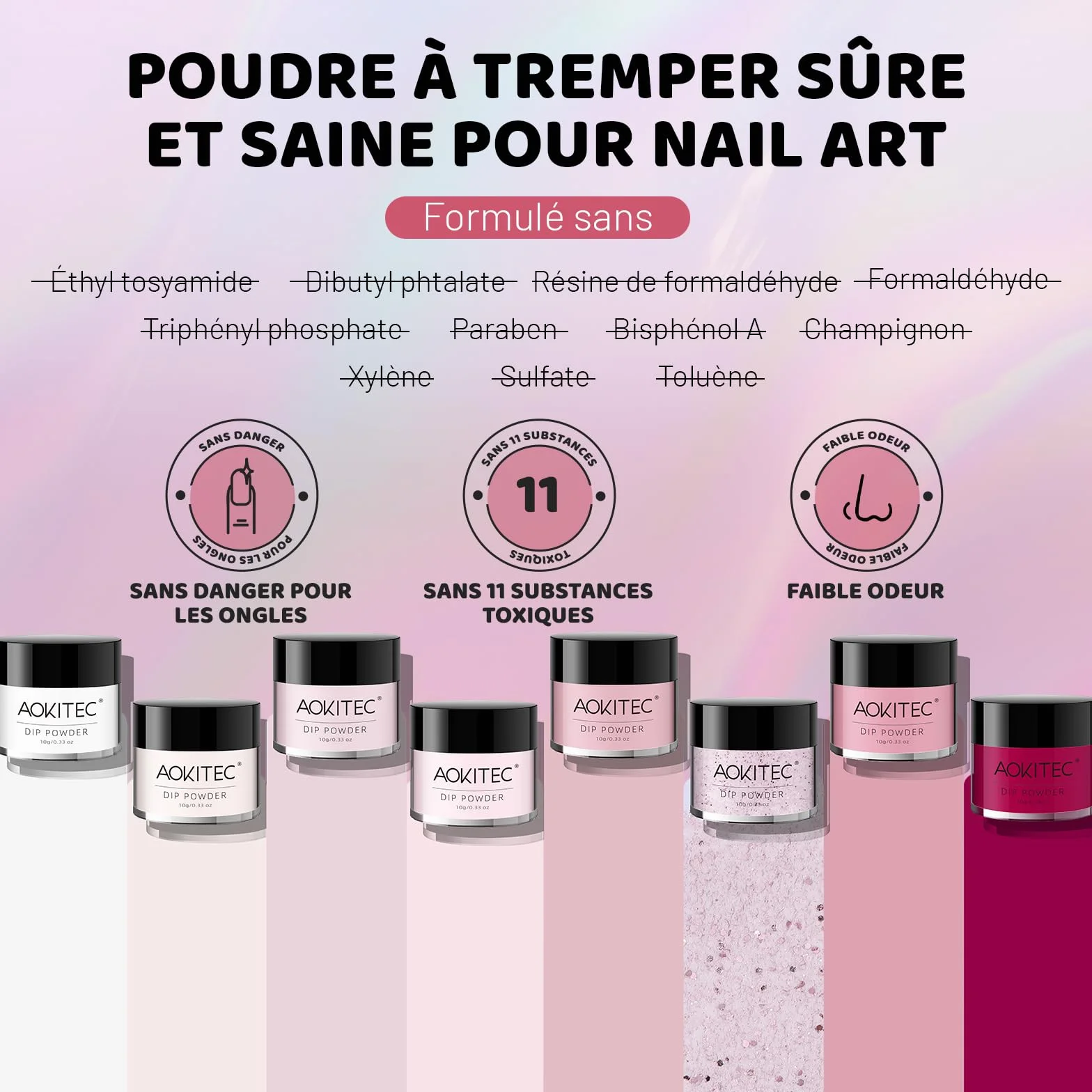 Poudre à tremper Aokitec 8 couleurs série rose pour nail art français, poudre à ongles facile à utiliser sans lampe