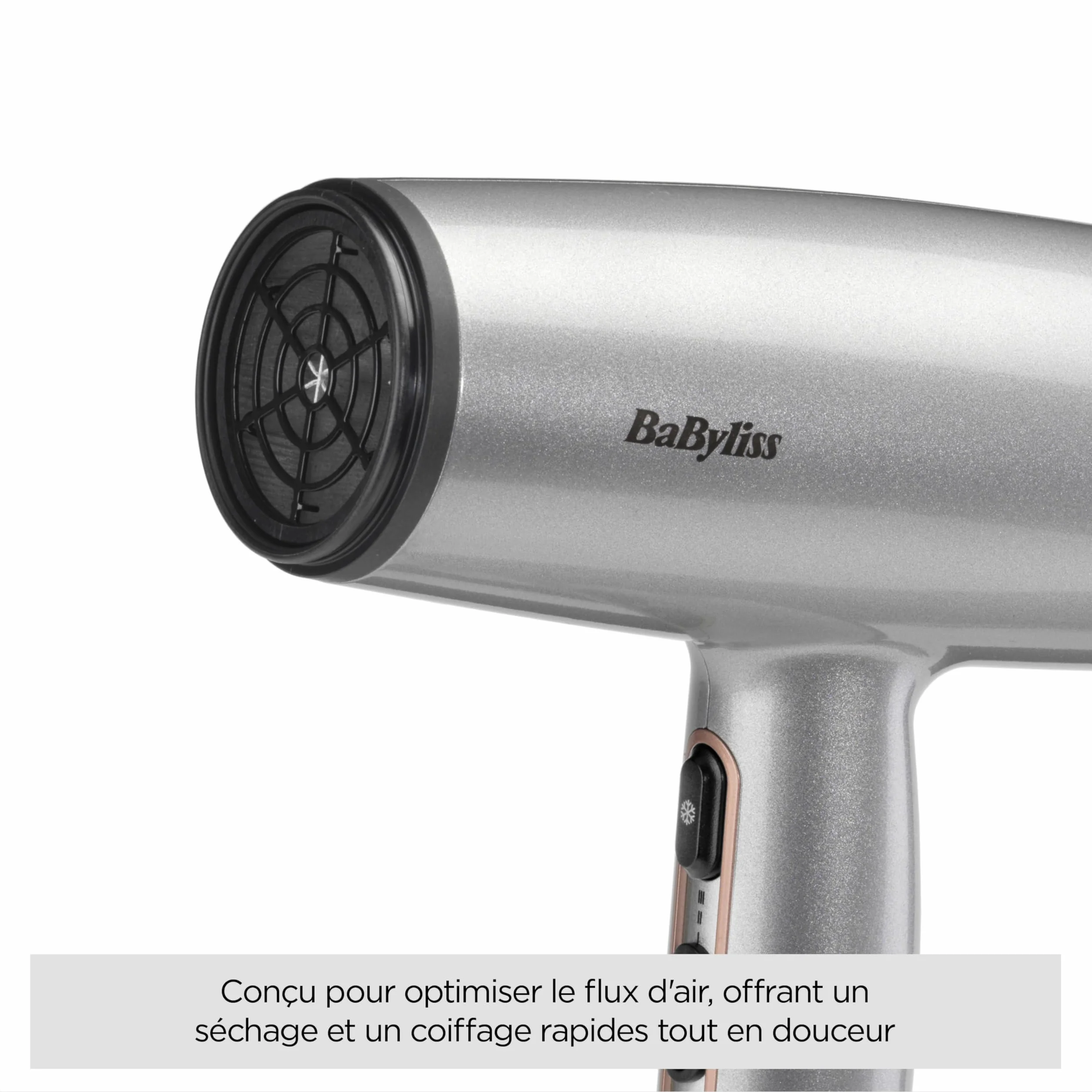 BaByliss Sèche-Cheveux Cosmos avec Diffuseur, Léger – NOUVEAUTÉ 2025, Sèche-cheveux puissant et élégant de 2100W, Technologie ionique anti-frisottis, 3 températures & 2 vitesses, Argenté, D580DE