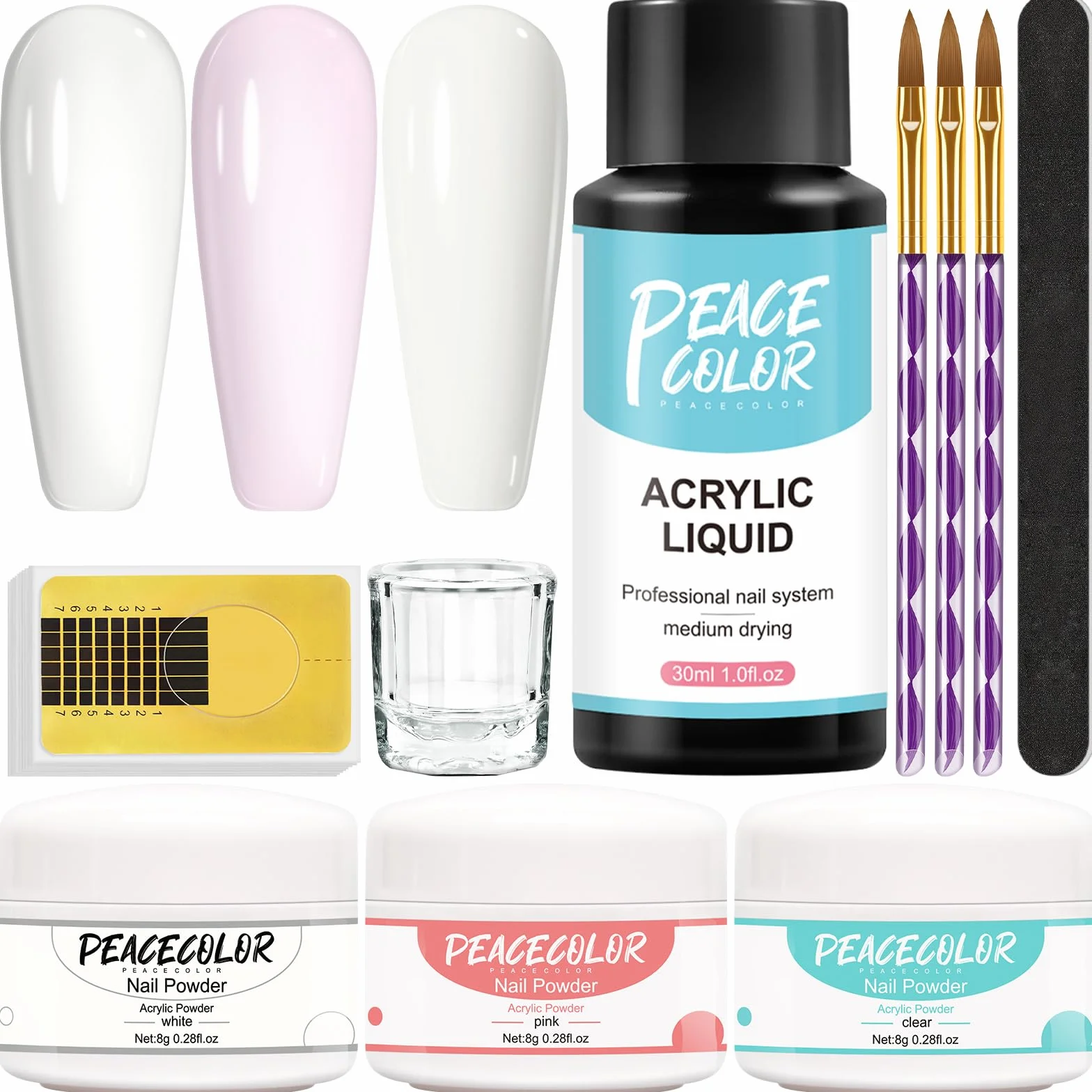 PEACECOLOR Kit Complet Acrylique Ongles, 3Pcs Poudre Acrylique pour Ongles Clair Blanc Rose Resine Ongle Poudre avec Liquide Acrylique Pinceau et Chablon Nail Art Kit Acrylique Ongles