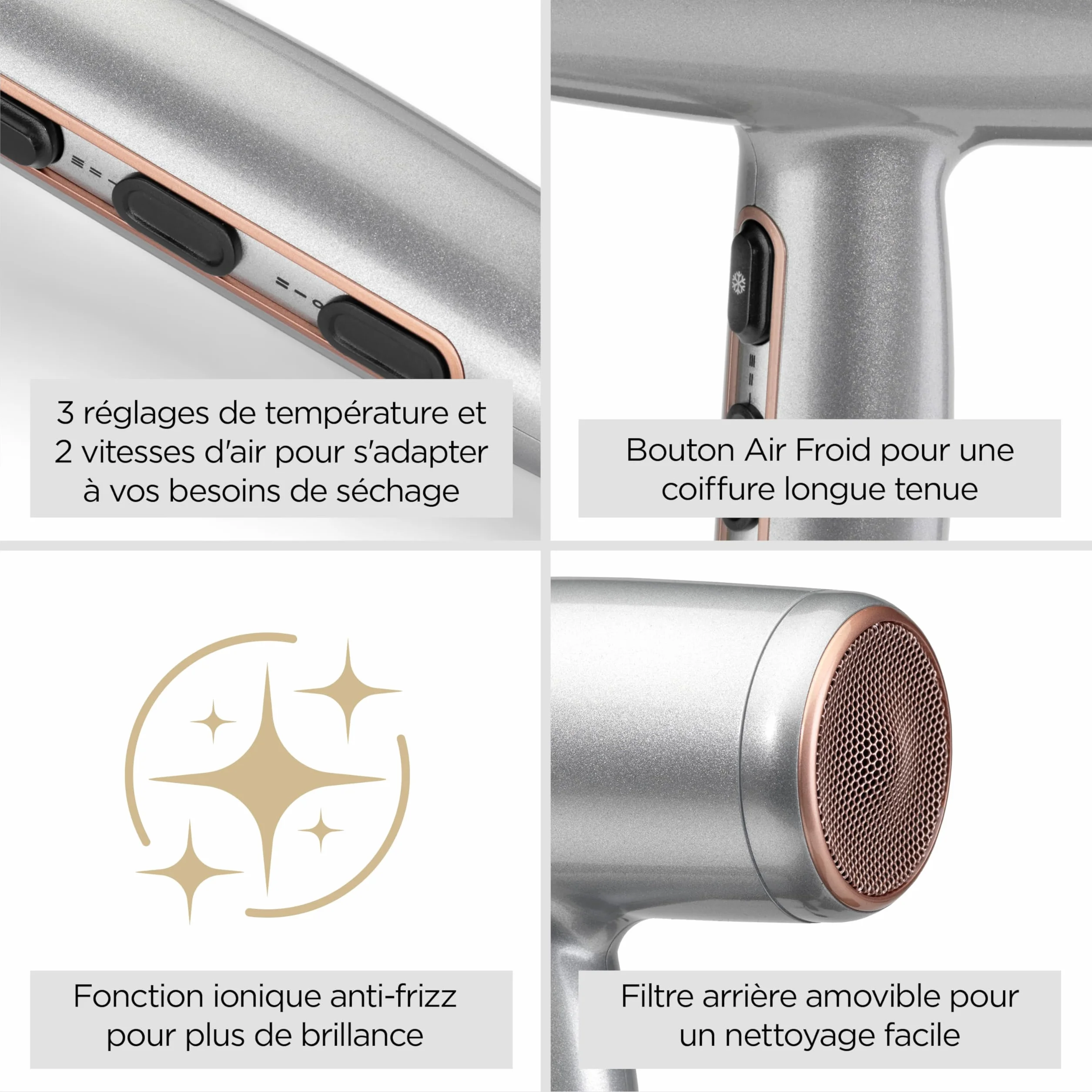 BaByliss Sèche-Cheveux Cosmos avec Diffuseur, Léger – NOUVEAUTÉ 2025, Sèche-cheveux puissant et élégant de 2100W, Technologie ionique anti-frisottis, 3 températures & 2 vitesses, Argenté, D580DE