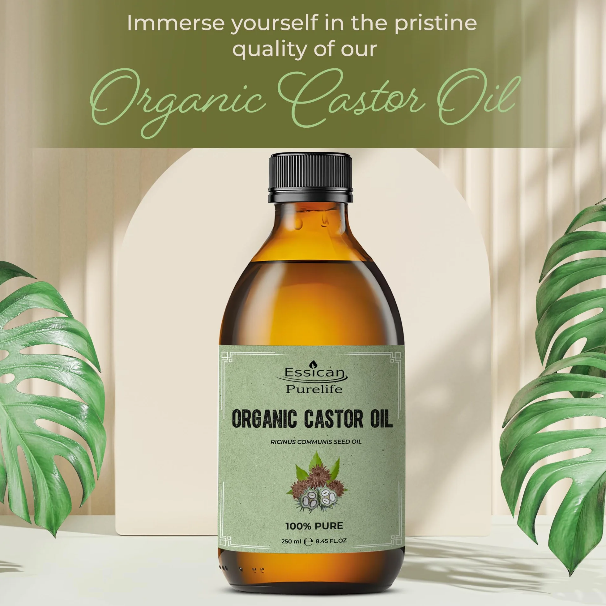 Essican Purelife Huile de Ricin Bio Sans Hexane 250ml Bouteille Verre Pressée à Froid Pure Vitamine E