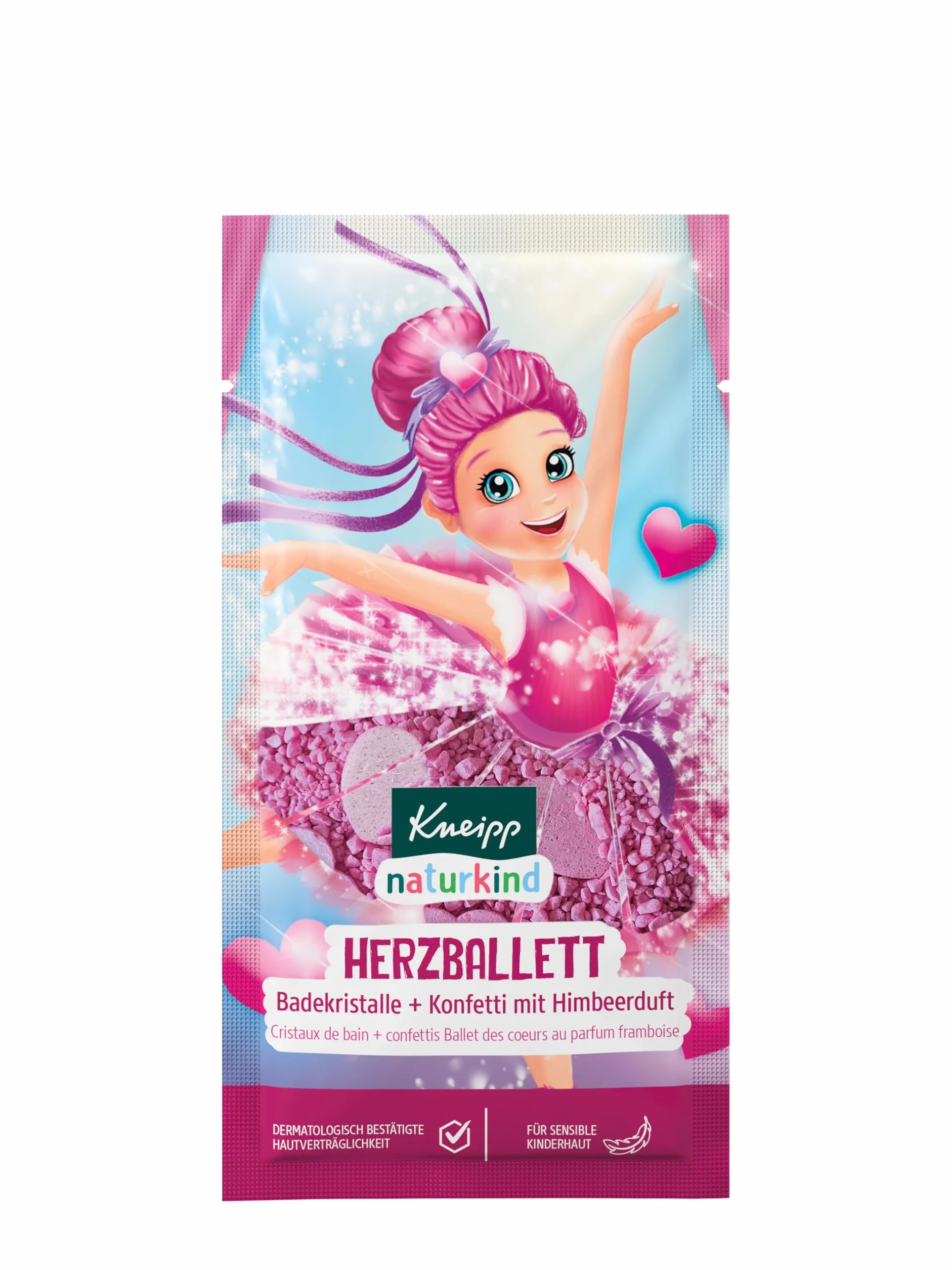 Kneipp naturkind Cristaux de bain + confettis en forme de cœur – Additif de bain avec parfum framboise – Pour peau sensible des enfants – 12 x 40 g