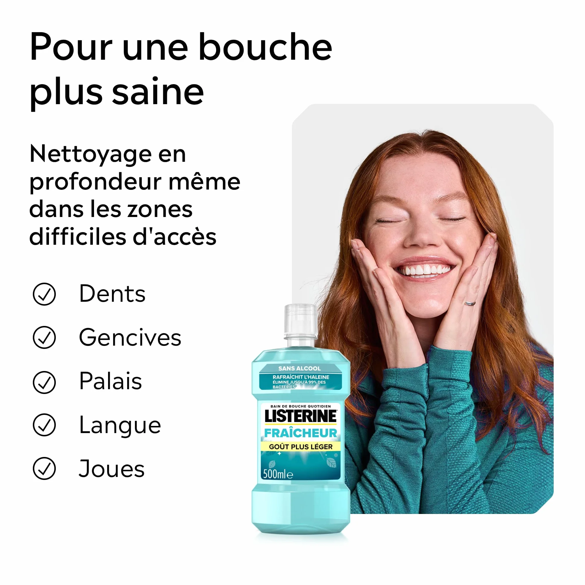 Listerine Bain de Bouche Fraîcheur Goût Plus Léger 0% Alcool 500 ml Soin bucco-dentaire quotidien sans alcool