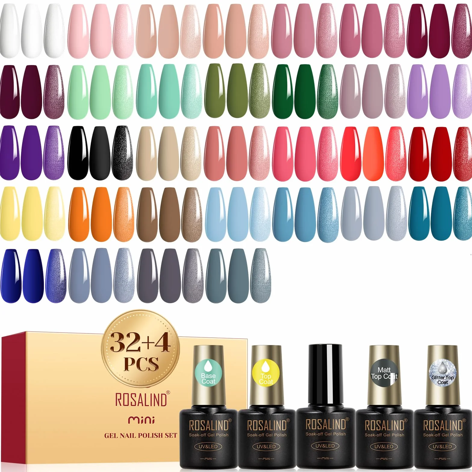 ROSALIND Vernis Semi Permanent, 36PCS Violet Bleu Marron Rose Vert Gris Couleurs Vernis Gel Semi Permanent, Mini UV/LED Semi-permanent Manucure Kit