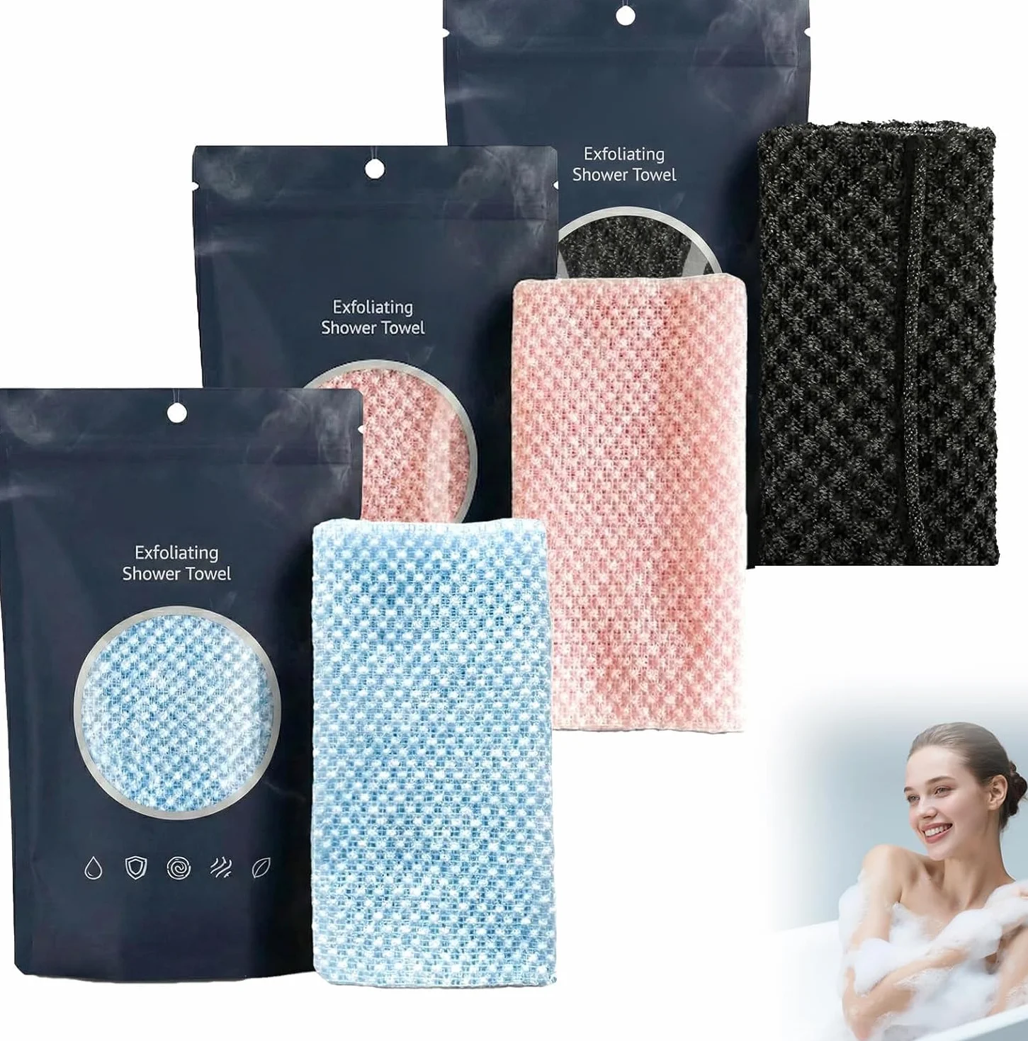 Ecovia Serviette Exfoliante Douche Fibres Bambou Charbon Actif Exfoliation Douce Peaux Sensibles Rugueuses 3Pack