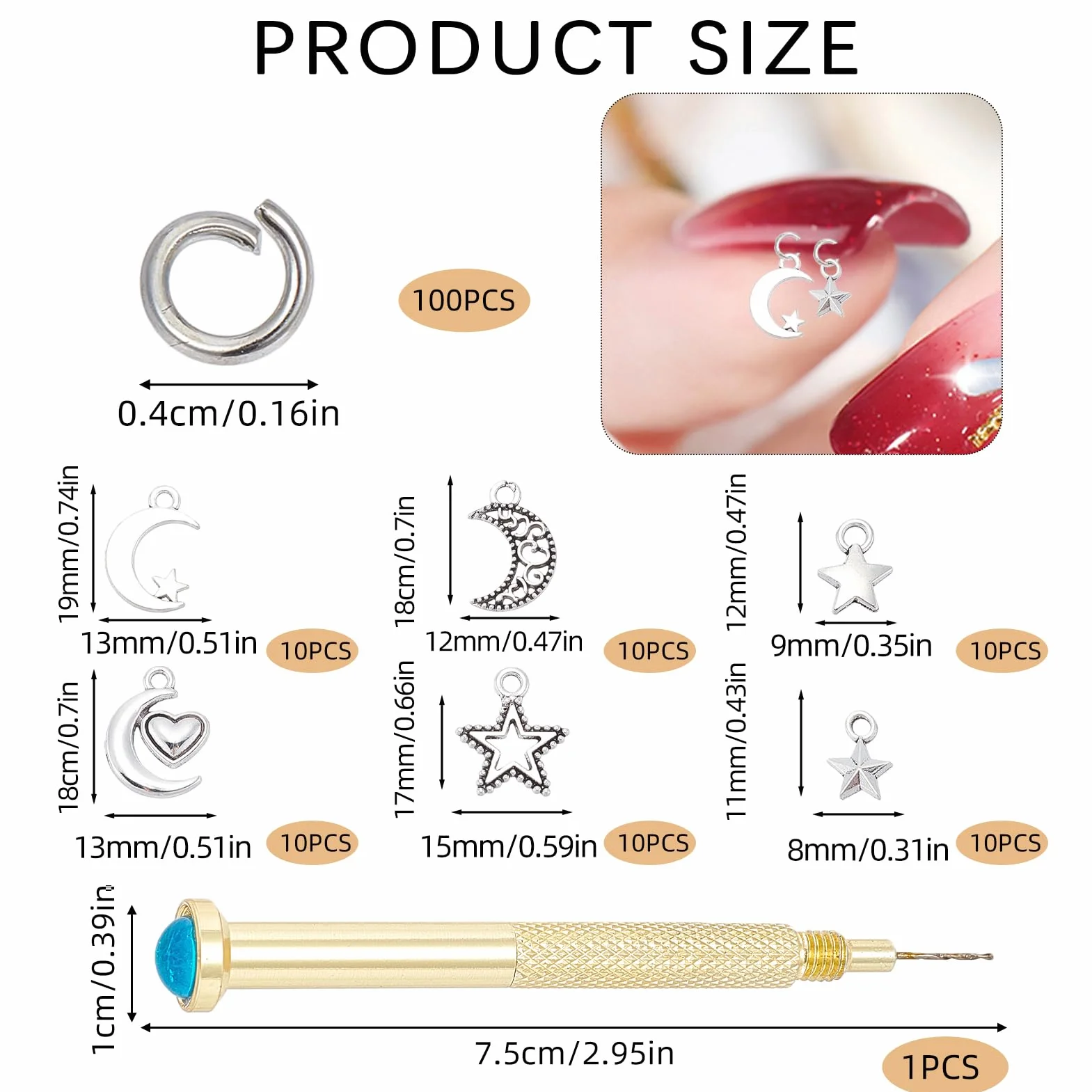 NICENEEDED Breloque Pendante Nail Art 3D Étoile Lune Argentée Anneaux Ongles Alliage Argenté avec Outil Perçage Décoration Artistique