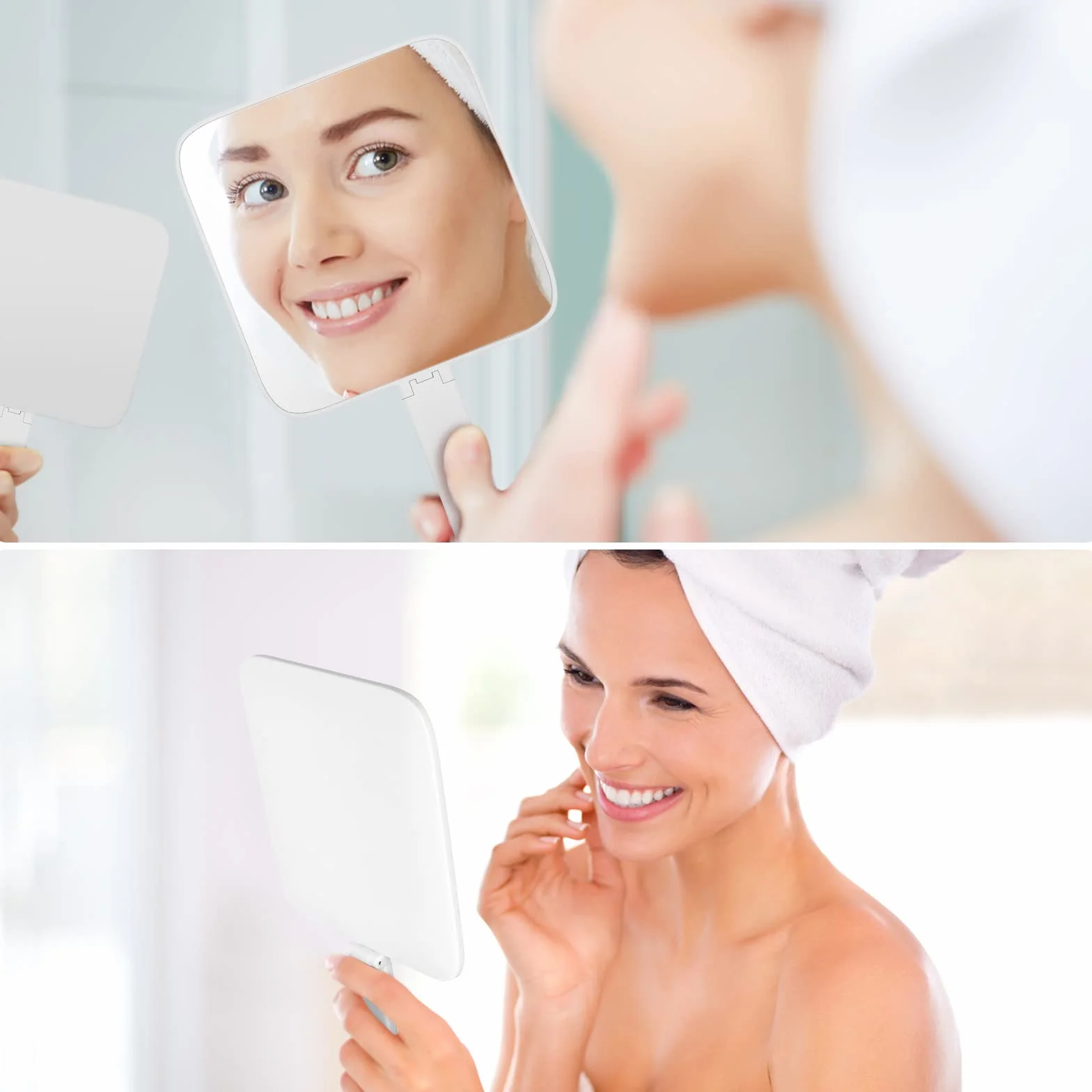 Miroir à Main avec Poignée Pliante et Support, Miroir de Courtoise Polyvalent pour Voyage, Salle de Bain, Maquillage