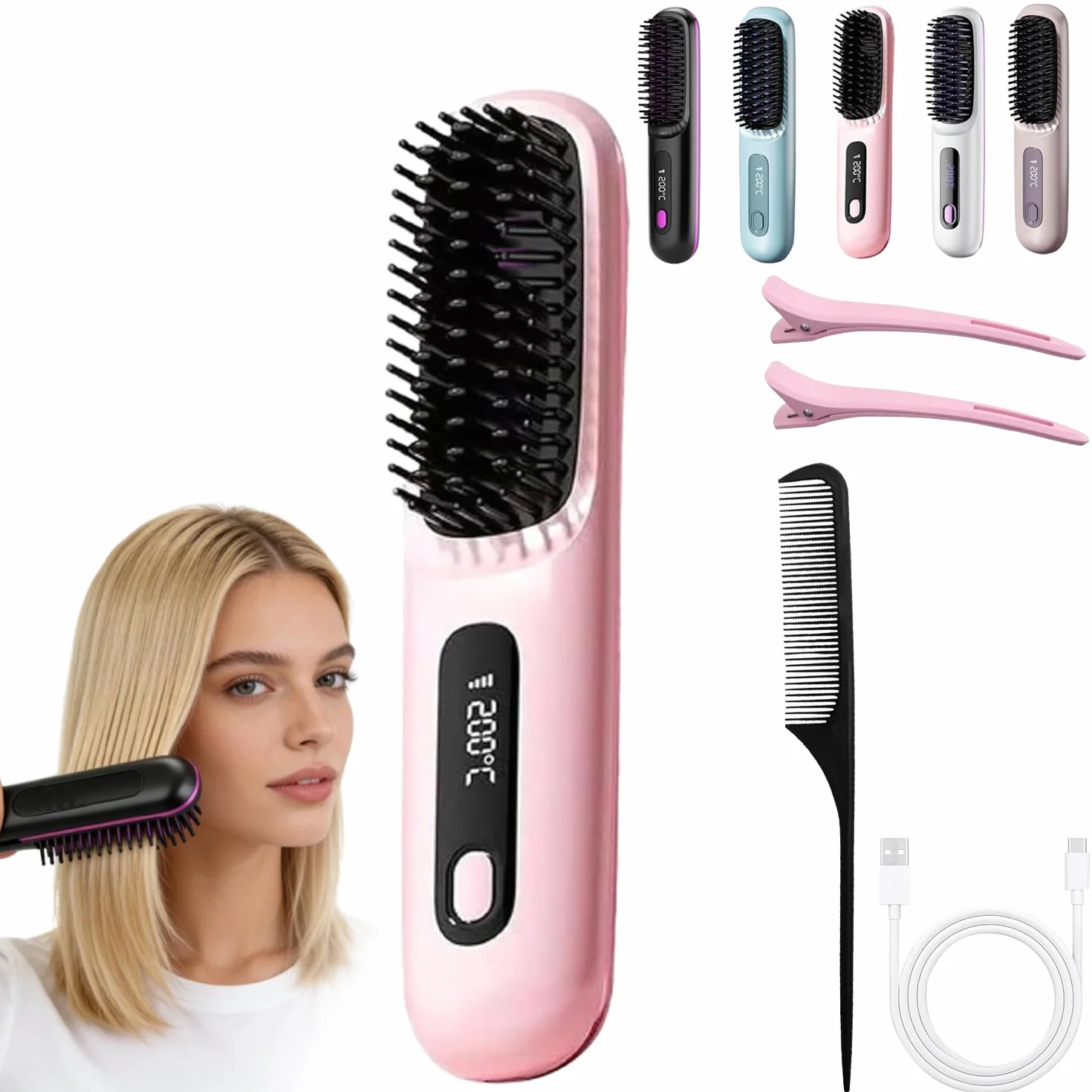 Brosse Chauffante Cheveux Court,Lissante Rechargeable Portable, Un Volume Coiffe en 2 Minutes,Brosse Coiffante Portable Et Rechargeable Pour Voyage Et Usage Quotidien (1*C)