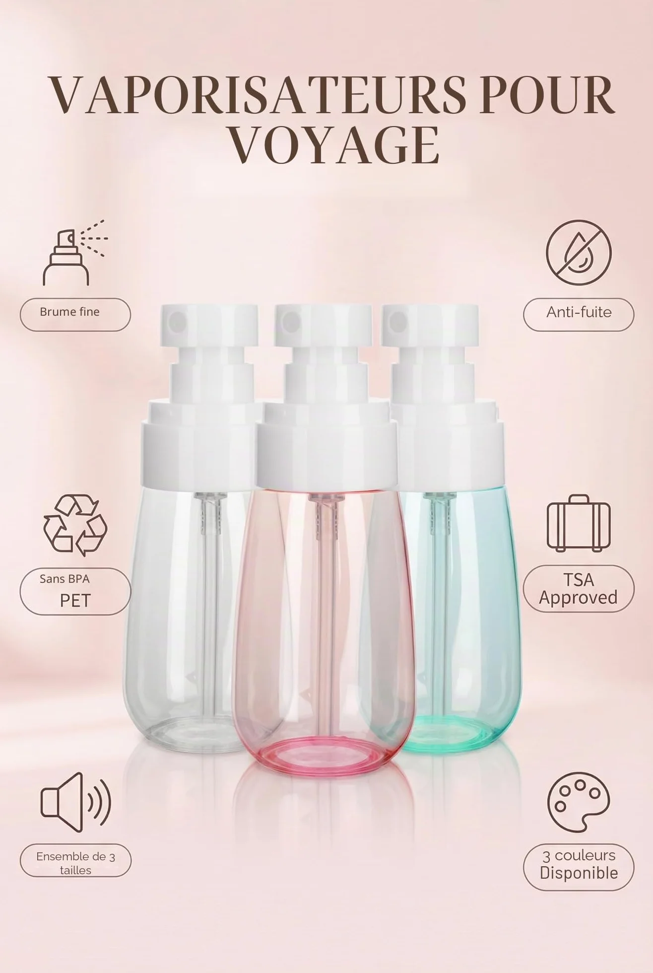 Lammcou Mini Flacons Spray à Brume Fine Lot de 3 Remplissables Anti-fuite Format Voyage TSA 60ml