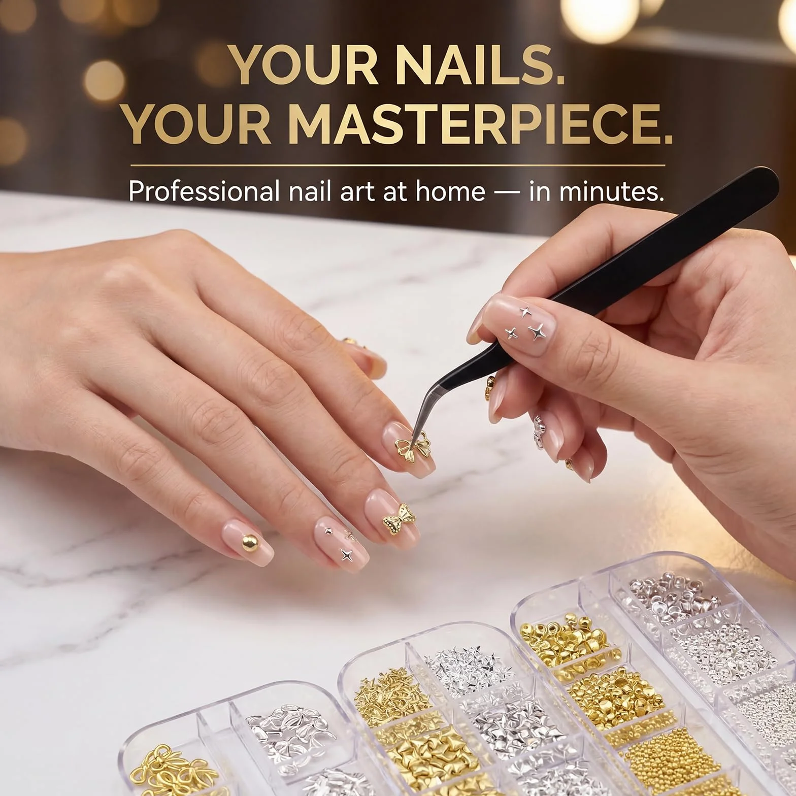 Lot de 3 boîtes de breloques à ongles dorées et argentées - Accessoires nail art avec pince à épiler