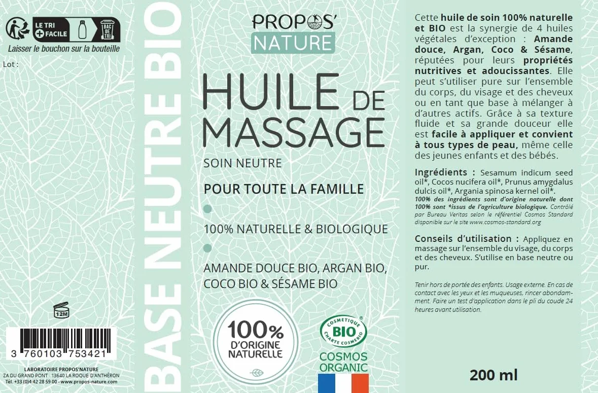 Huile de massage neutre Bio 4 huiles végétales Amande douce Abricot Coco Sésame 100% naturelle Fabriqué en France PROPOS'NATURE