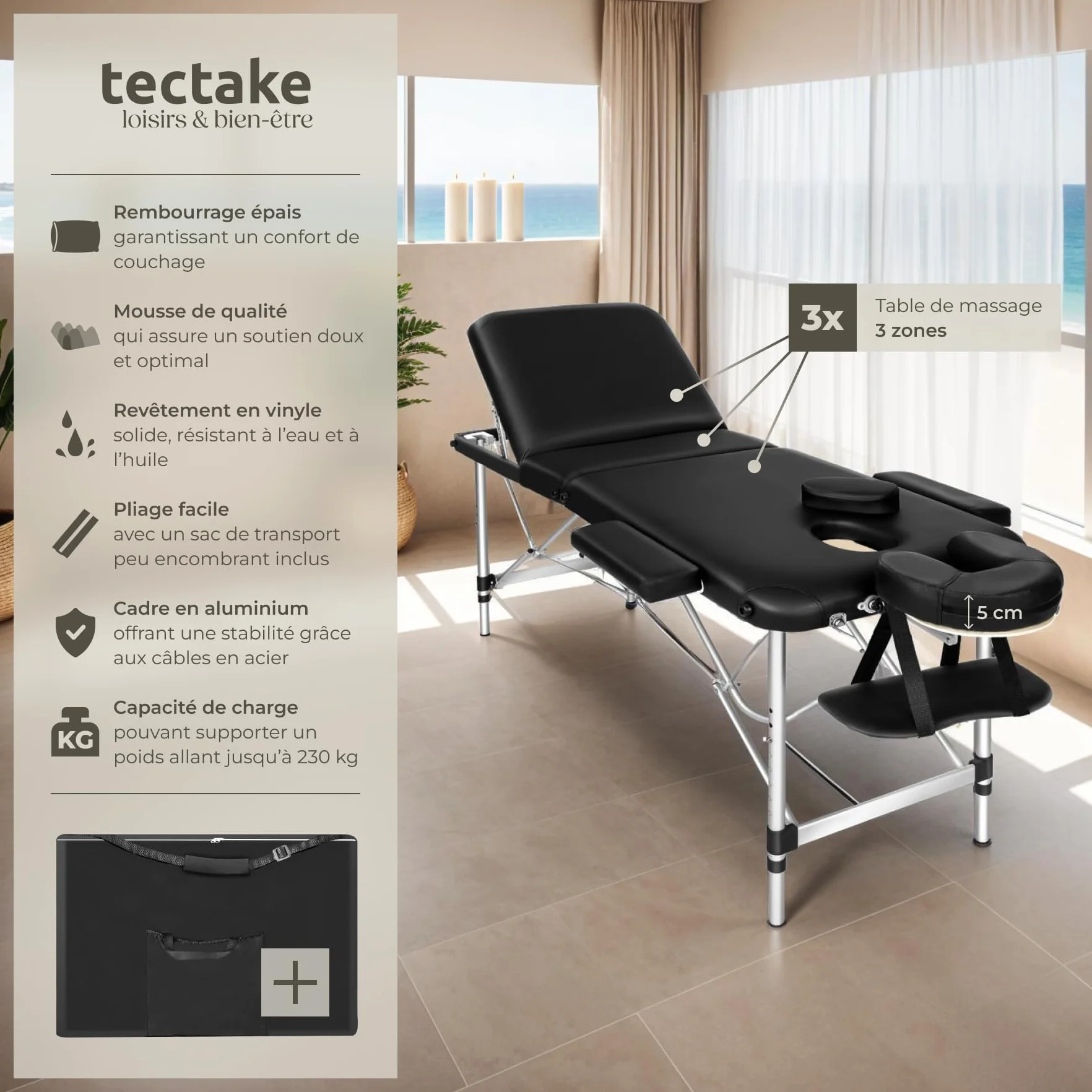 Tectake Table de Massage Pliante Professionnelle 3 Zones Aluminium Cosmetique Lit de Massage Tatouage Portable avec Repose Bras