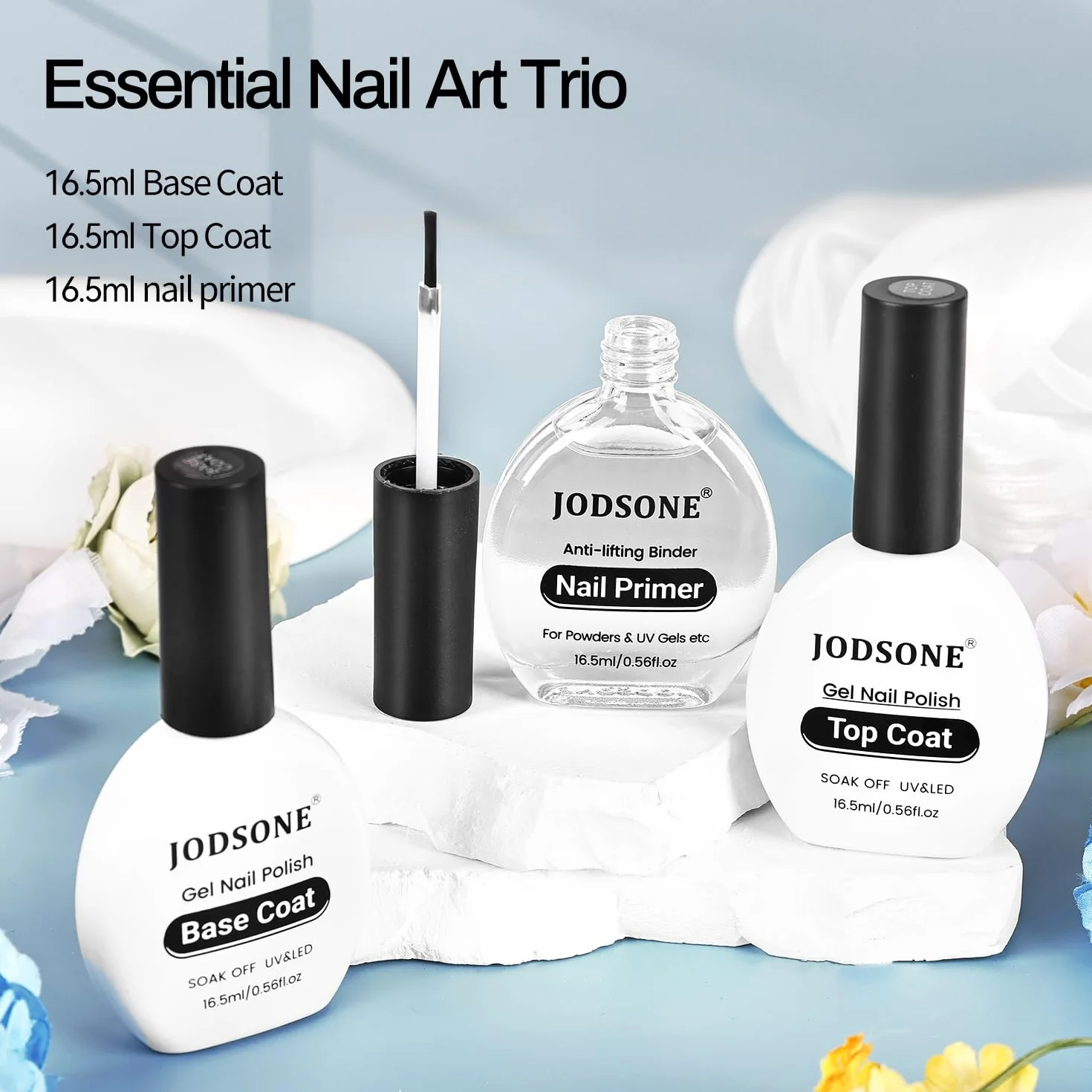 JODSONE Lot de 3 vernis finition base 16,5 ml No Wipe Top Coat Base Nail Primer UV