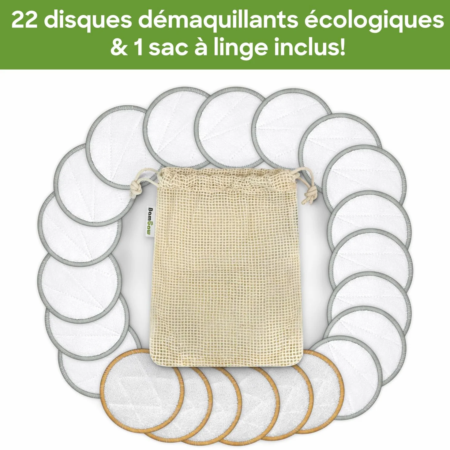 Bambaw Disques Démaquillants Lavables Lot de 22 avec Sac de Rangement
