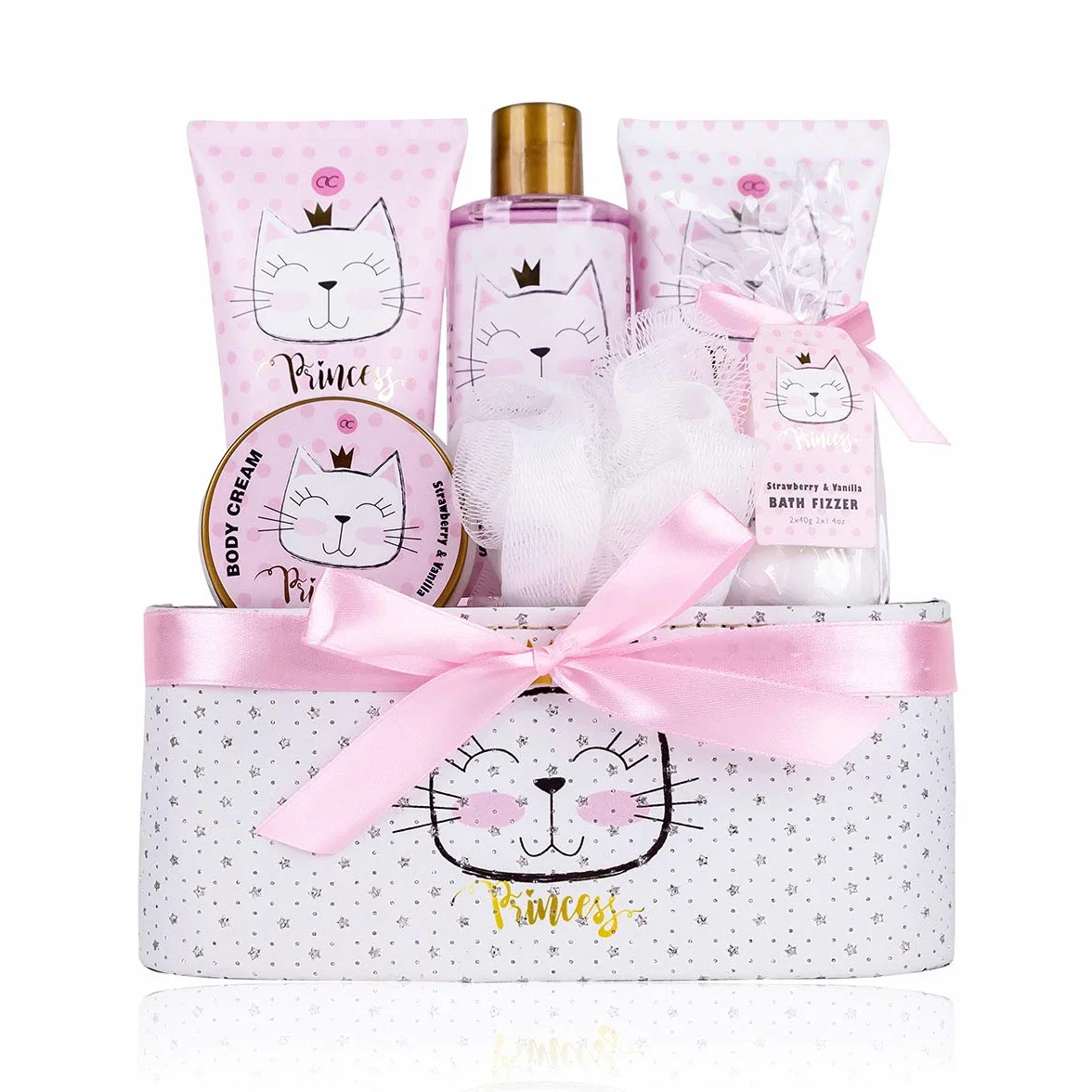 Accentra Coffret cadeau PRINCESS KITTY, coffret cadeau fille avec 250 ml gel douche, 180 ml lait corps, 180 ml gommage corps, 60 ml crème corps, 2 x 40 g bombe de bain, joli panier rose à offrir