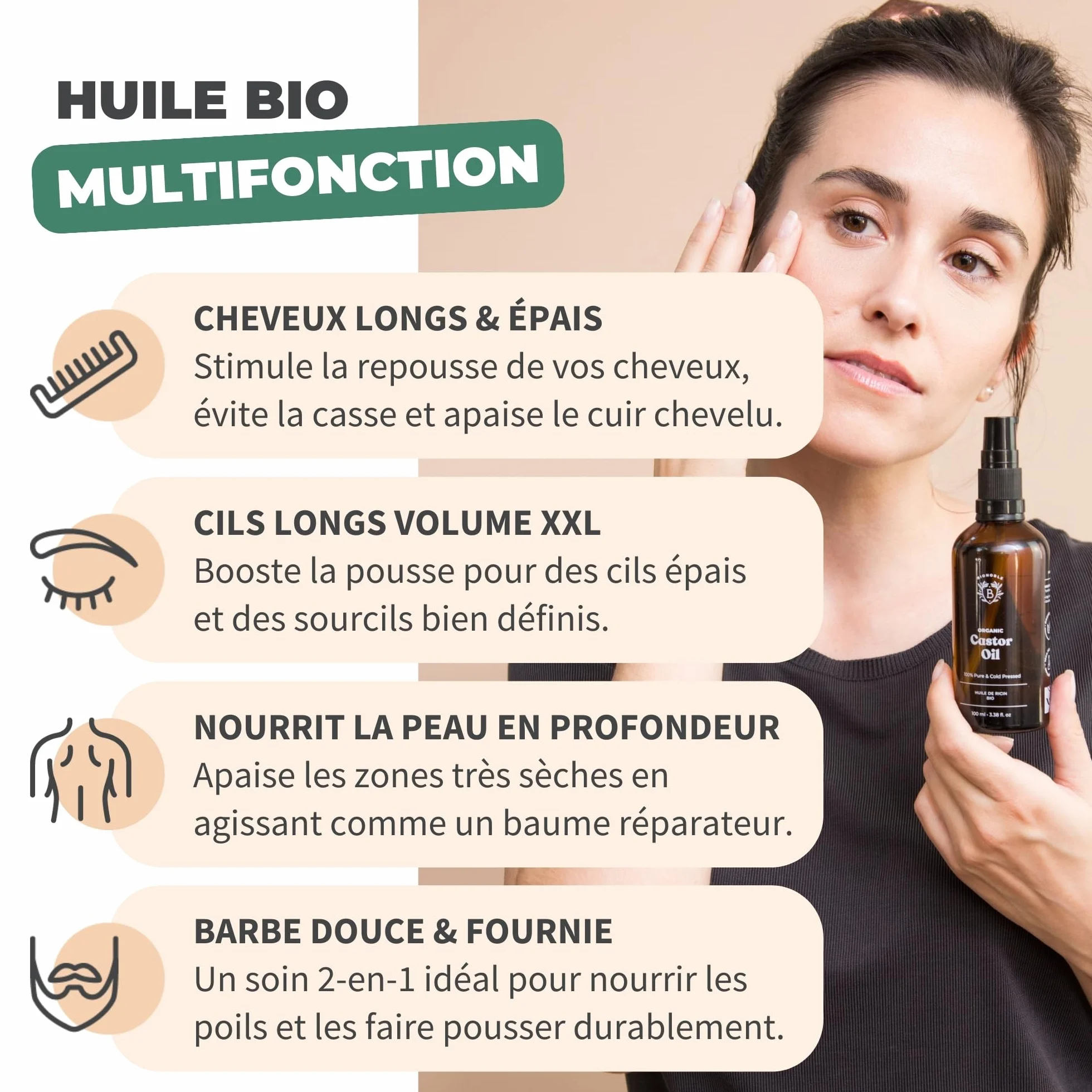 Huile de Ricin Bio Pressée à Froid 100% Naturelle pour Cheveux, Cils, Sourcils - Castor Oil 50ml