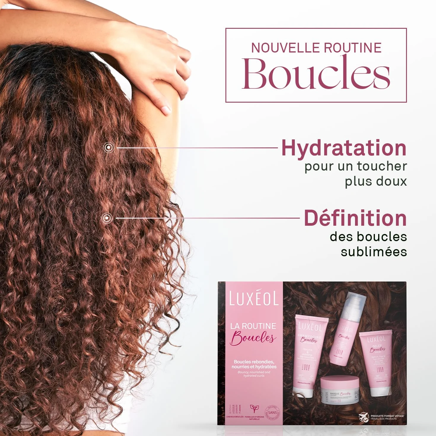 LUXEOL - Routine Cheveux Bouclés - Format Voyage - Sublime Les Boucles - Limite les Frisottis - Parfum Gourmand - Shampooing 75ml + Masque 50ml + Crème De Soin 50ml + Gelée 50ml