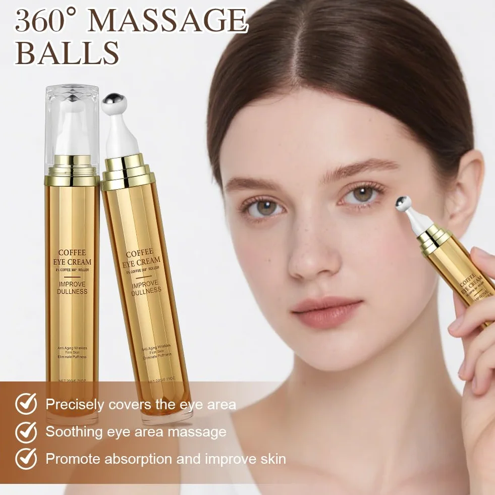 Sérum Crème Yeux à La Caféine 360° Ice Rolling Sphere Anti-Cernes & Rides 5% Caféine Acide Hyaluronique Niacinamide Peptides Hydratation 72h Contour des Yeux