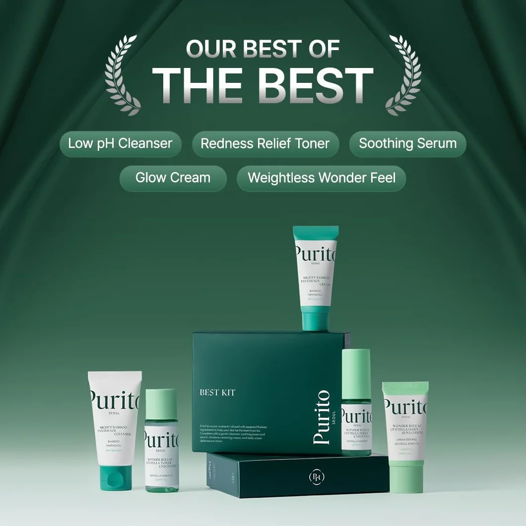 PURITO SEOUL Best Kit - Skincare Routine with Panthenol Cleanser & Cream, Unscented Centella Serum & Toner, Sun Lotion For All Skin Types, Gift Set, For Face, Facial Serum, K-Beauty, 3.52 fl. oz.