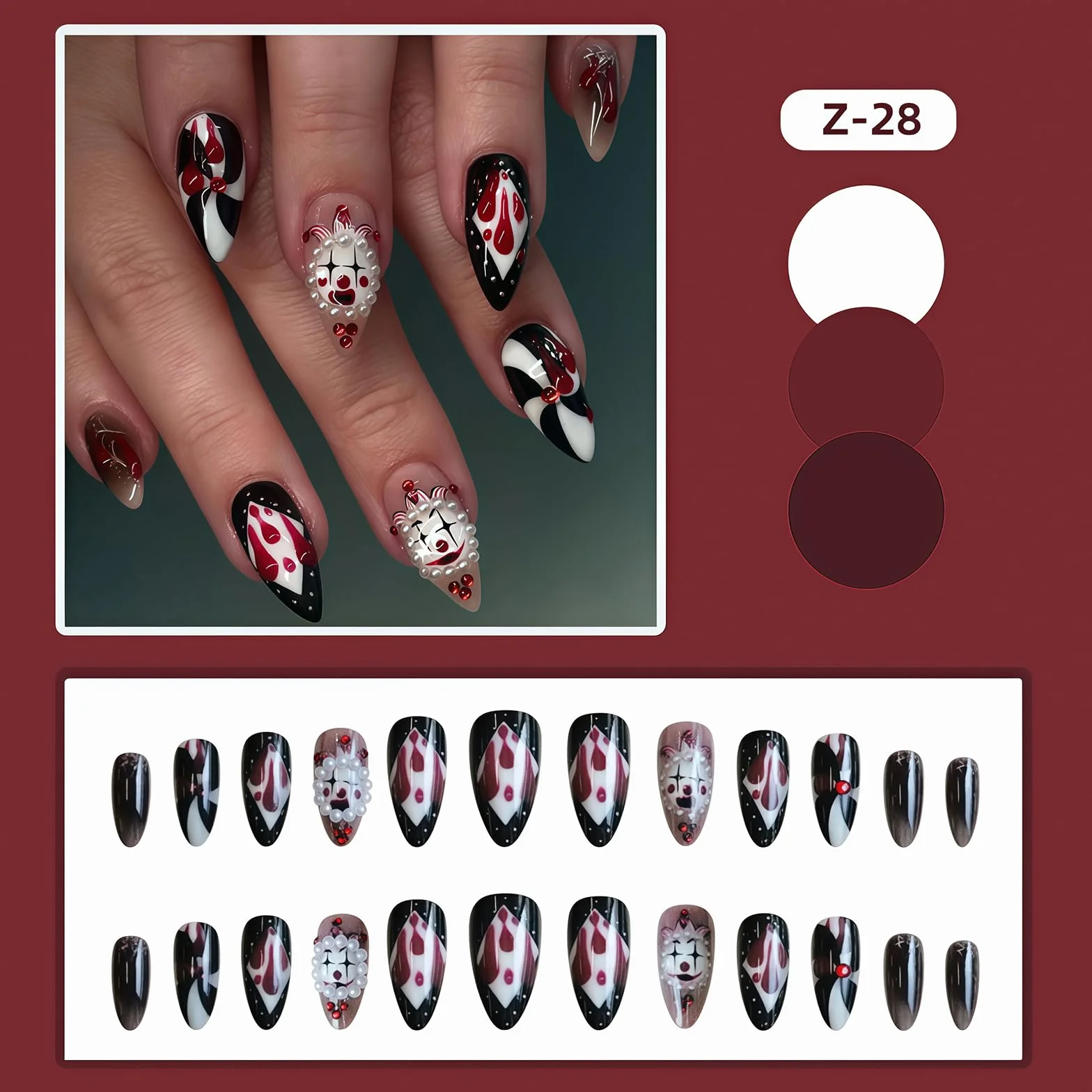 Yamobi Lot de 24 faux ongles à coller motifs clown cirque joker poker gel Y2K deux pointes
