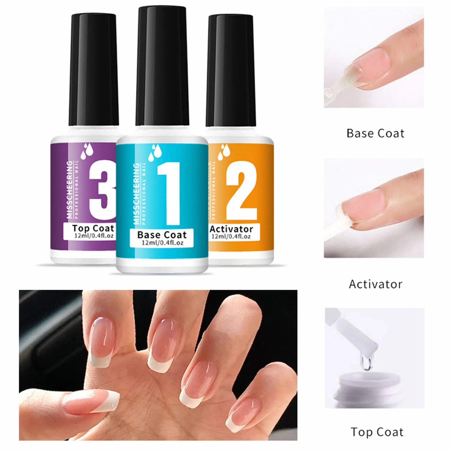 Poudre de trempage liquide pour ongles 3 en 1 avec couche de base, activateur de finition, pas besoin de lampe UV LED