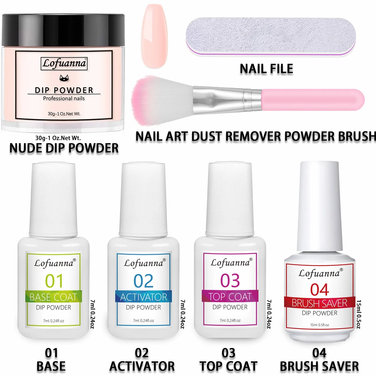 Lofuanna Kit de Poudre de Tremper 30g Nu pour Ongles avec Base Top Coat Activateur Brush Saver