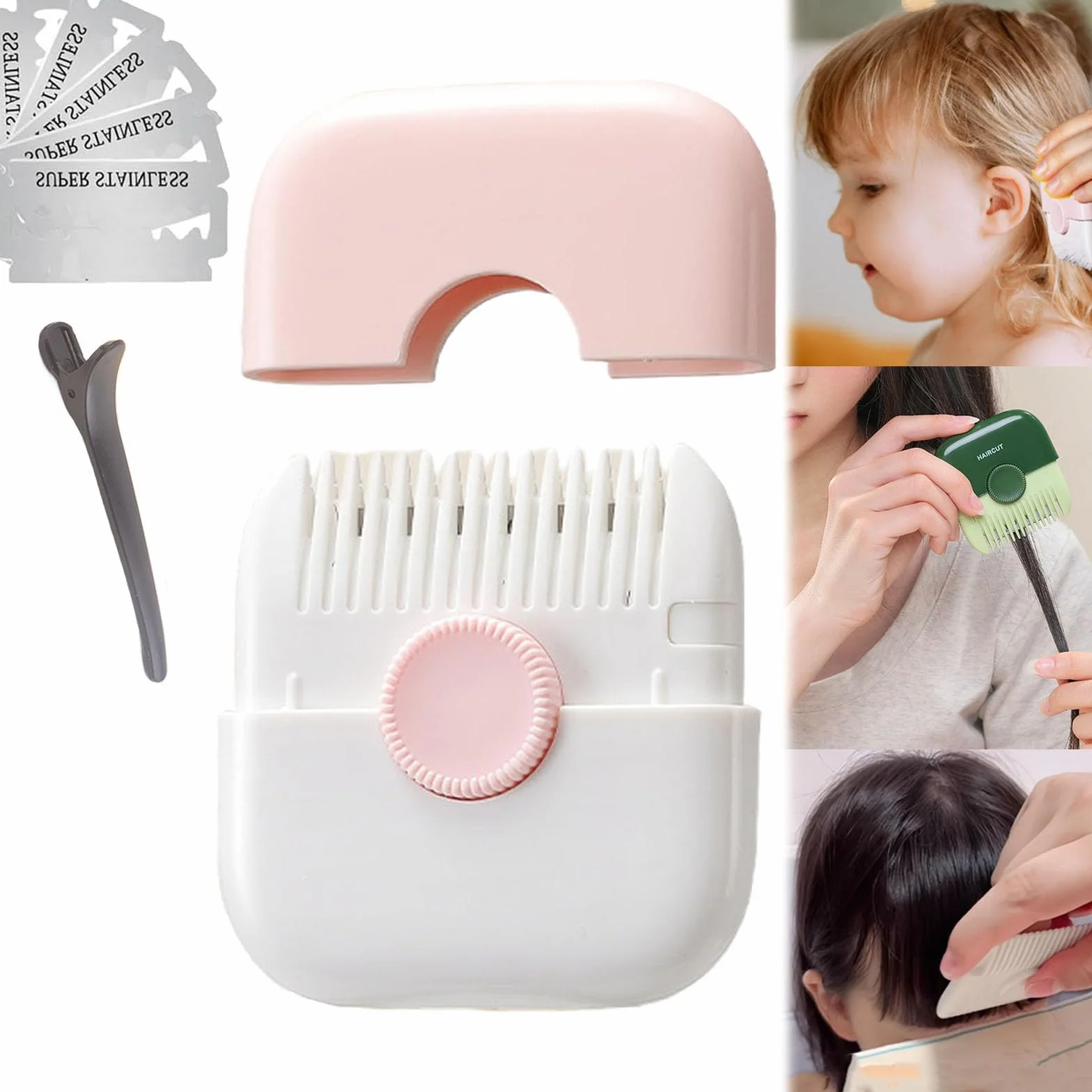 2-in-1 Kids Hair Trimmer, Double-Sided Razor Comb Clipper for Thin & Thick Hair, Trim Pocket Comb (Pink)