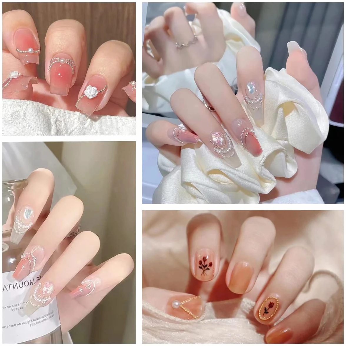 Lot de 4 chaînes à ongles métal doré argenté 1 m, pendentifs 3D nail art