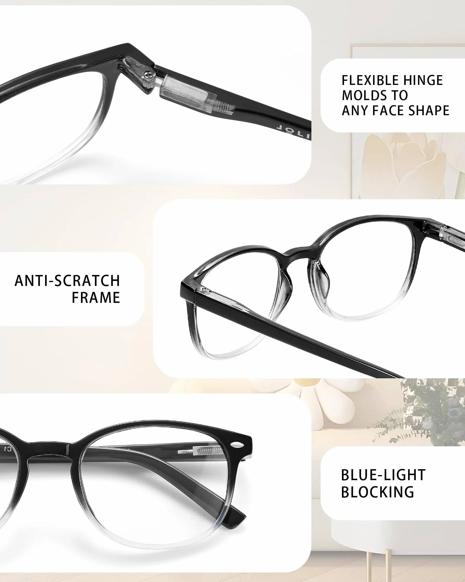 Lunettes de lecture JOLISU 5 Pack pour femmes, charnière à ressort, anti-lumière bleue