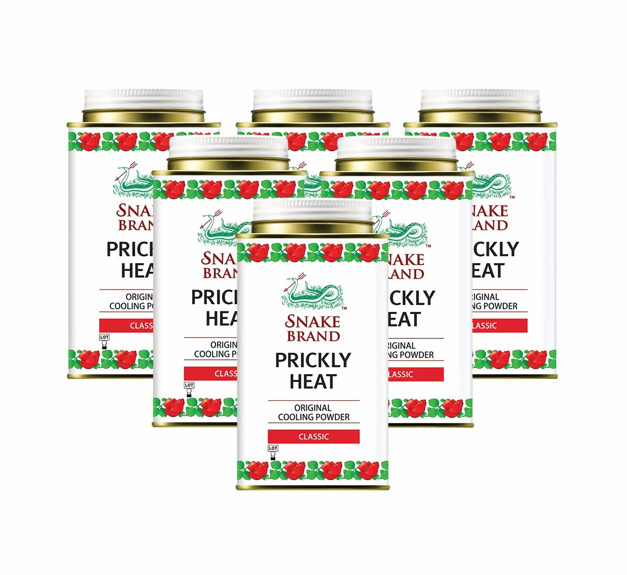 Snake Brand Prickly Heat Poudre rafraîchissante pour le corps 6 x 140g Multi-Pack