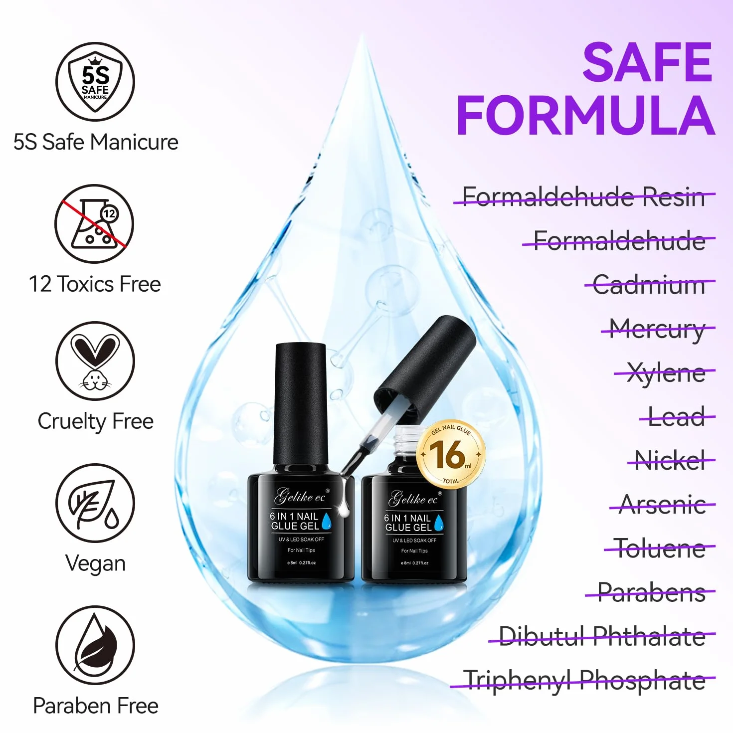 Gelike ec Colle Faux Ongles Gel 6 en 1 UV Colle Capsule Americaine Ongle Extra Forte Gummy Base Pose Americaine Nail Glue 2PCS 16ml