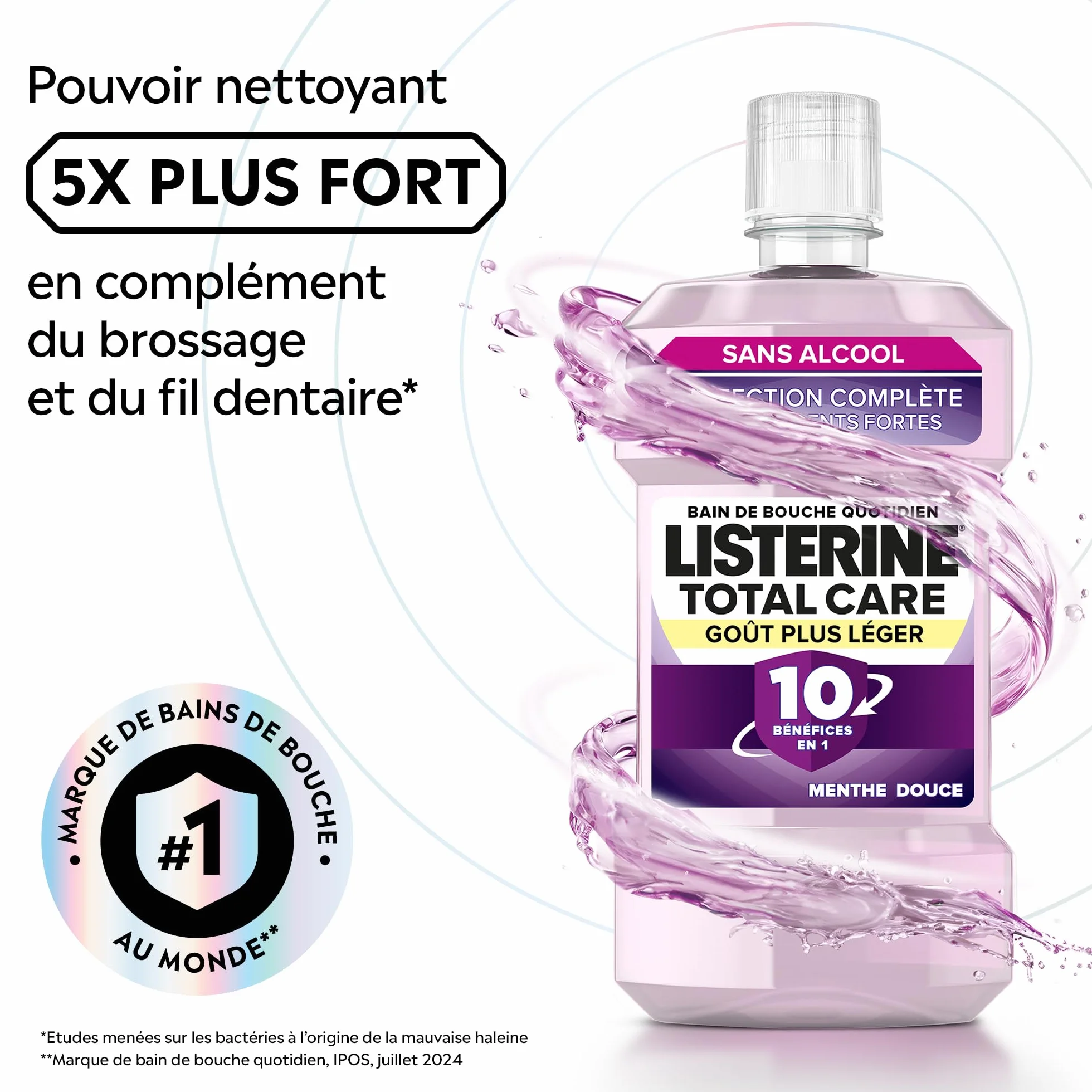 Listerine Bain de Bouche Total Care Goût Plus Léger 0% alcool 500 ml Soin bucco-dentaire 10 bénéfices en 1 Haleine fraîche durable
