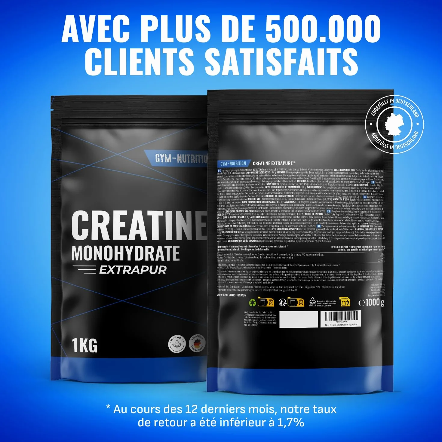 Creatine Monohydrate Poudre 1kg EXTRAPURE® Vegan Produit en Allemagne