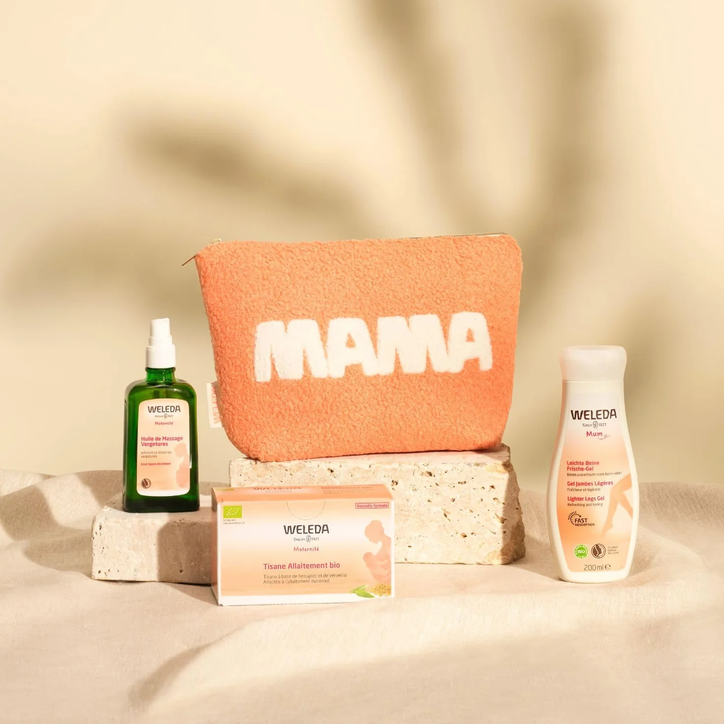 WELEDA Trousse Maternité Grossesse Allaitement Huile Massage Vergetures 100ml Gel Jambes Légères 200ml Tisane Bio 20 sachets Coton Recyclé
