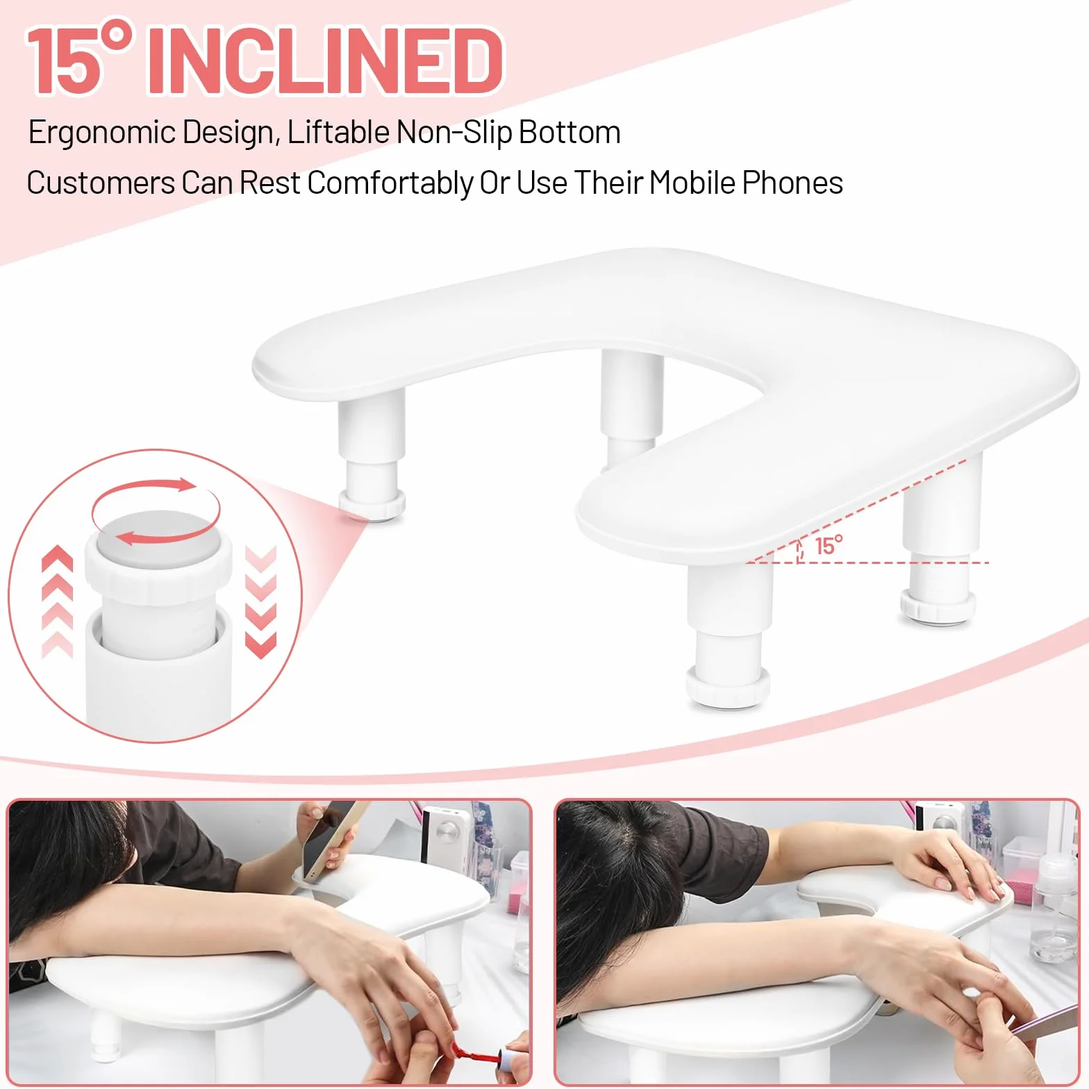 Forme du U Repose Main – Main pour Manucure,Main pour Manucure Professionnel,Accoudoir réglable en hauteur en cuir PU antidérapant,idéal pour les technicien(ne) s ongulaires – Blanc