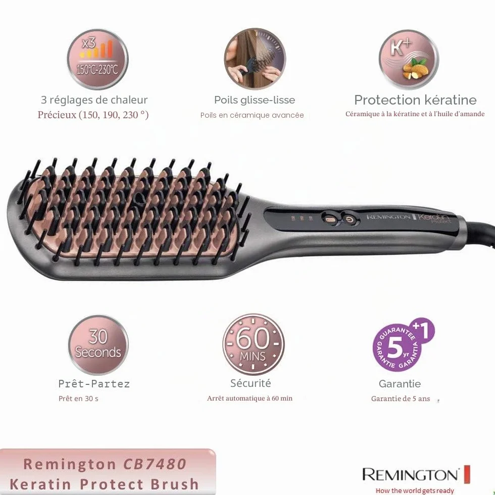 Remington Brosse Lissante Ionique 2en1 Lisseur & Brosse à Cheveux Keratin Protect Céramique 150-230° Fer à lisser CB7480