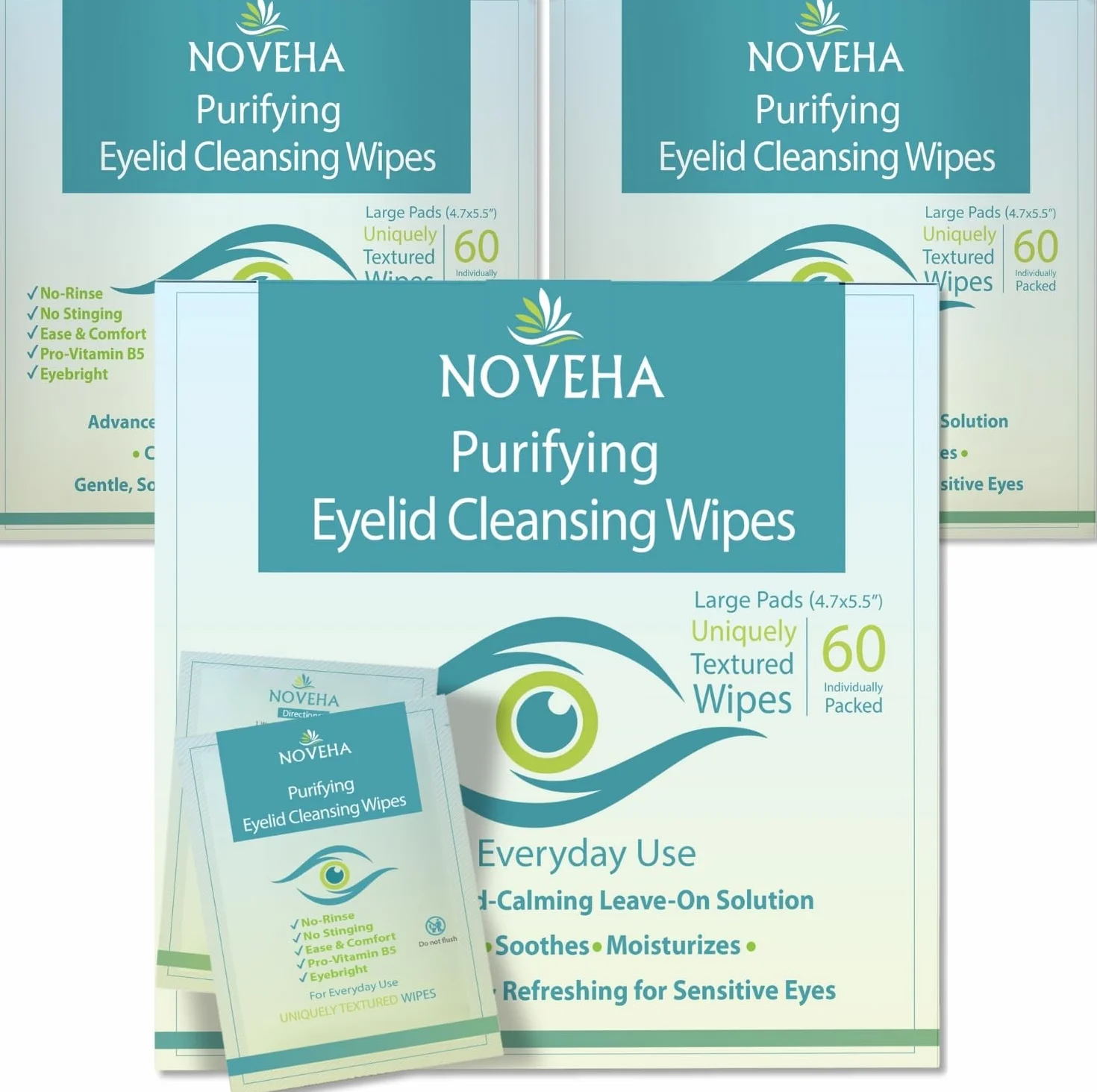 NOVEHA Lingettes nettoyantes pour paupières et cils | Lingettes nettoyantes pour les paupières et les cils, apaisantes pour les yeux sensibles, (60 paquets de 3)