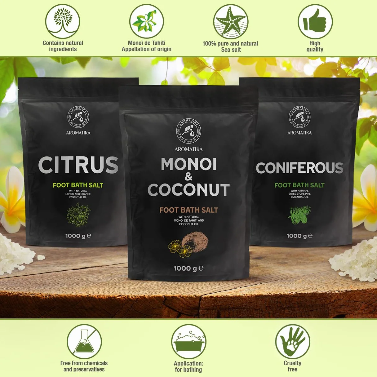 Sel de Bain pour Pieds Monoï de Tahiti & Coco 1000g - Huile de Monoï de Tahiti et Coco - Bain pour Pieds au Sel de Mer Naturel - Aromathérapie