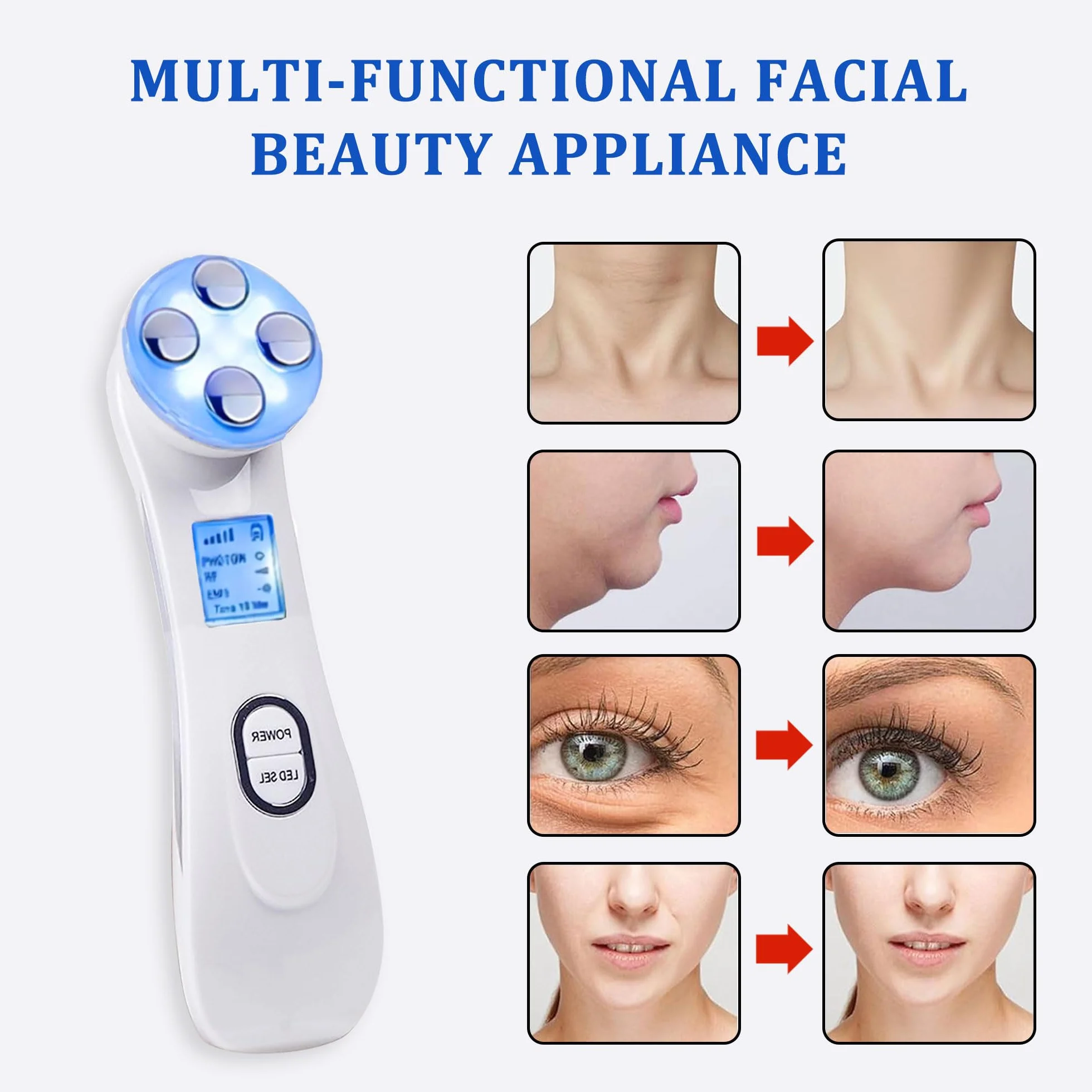 Appareil Massage Visage Anti Rides,6 en 1 LED Appareil de Beauté,Masseur Facial Double Menton de Beauté Electrique avec Lifting EMS Massage,Améliorer, Resserrer et Lisser La Peau