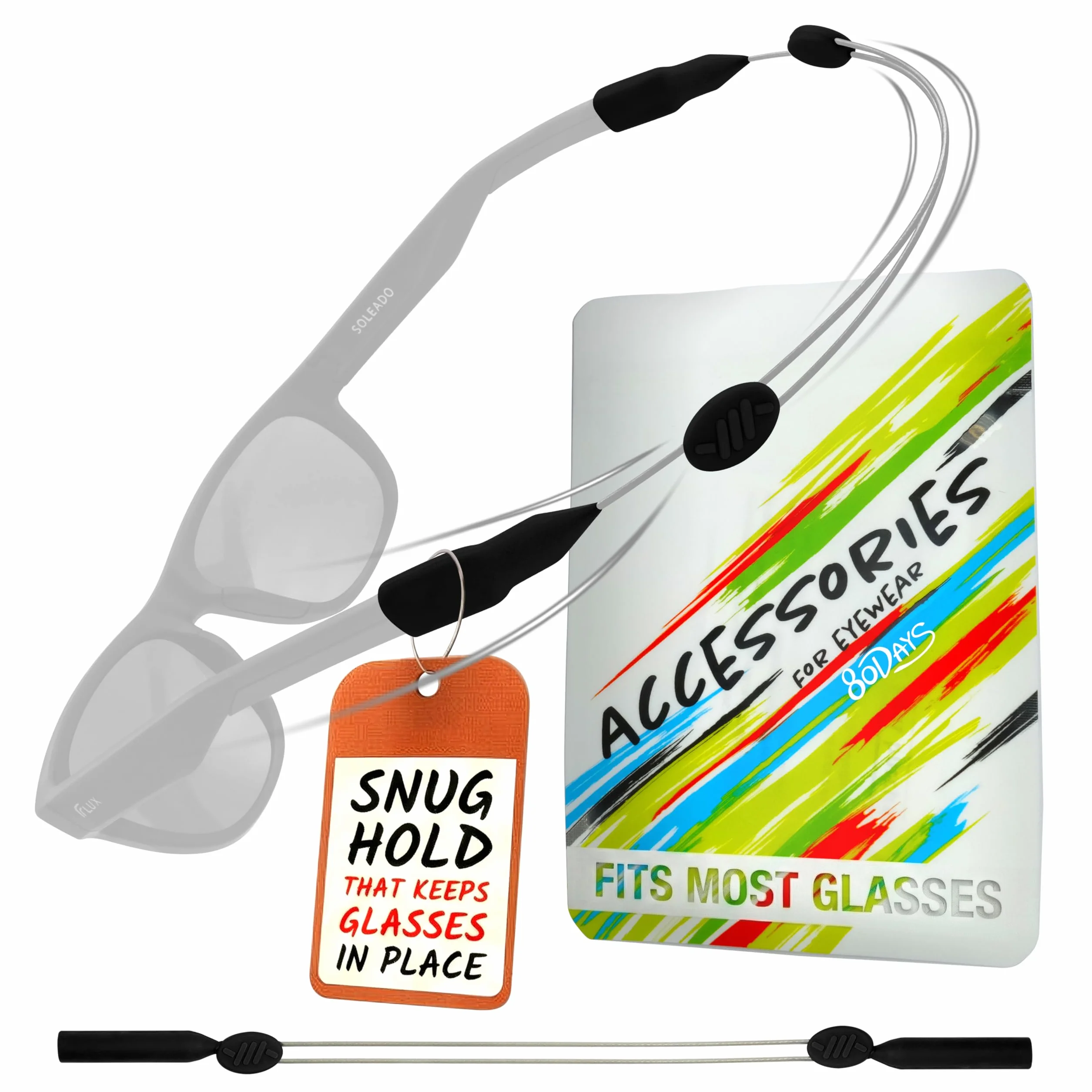 80Days Cordon de lunettes réglable avec embouts en silicone pour lunettes de vue et de soleil