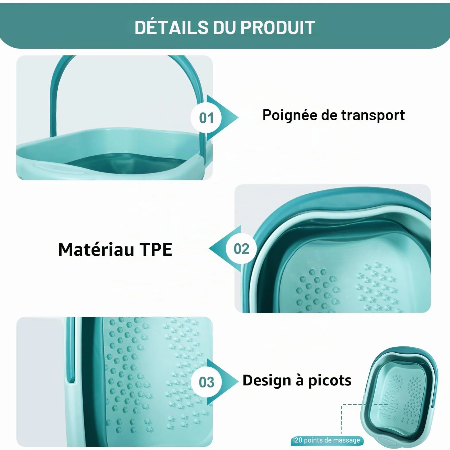 Bain de Pied Plié,Vleuexe Bassine Pied avec Poignée de Transport,Bassine 15 L,Baignoire pour Pieds avec 120 Picots de Massage,Grand Seau Bain de Pieds Parfait pour des Bains de Pieds relaxants Spa