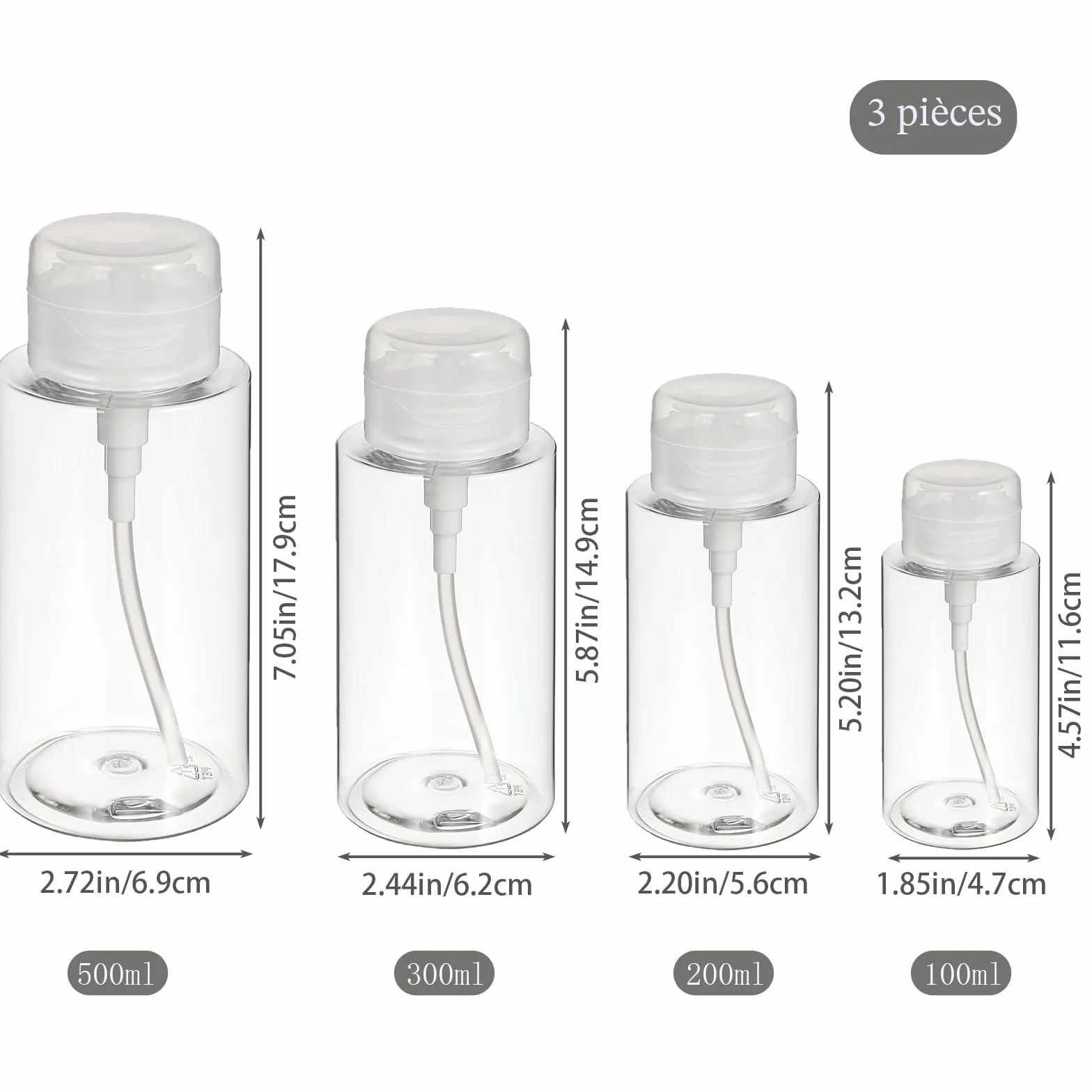 3pcs 300 ML Flacon Pompe Vide, Pompe Distributeur Eau, Voyage, Démaquillant, Dissolvant Vernis à Ongles